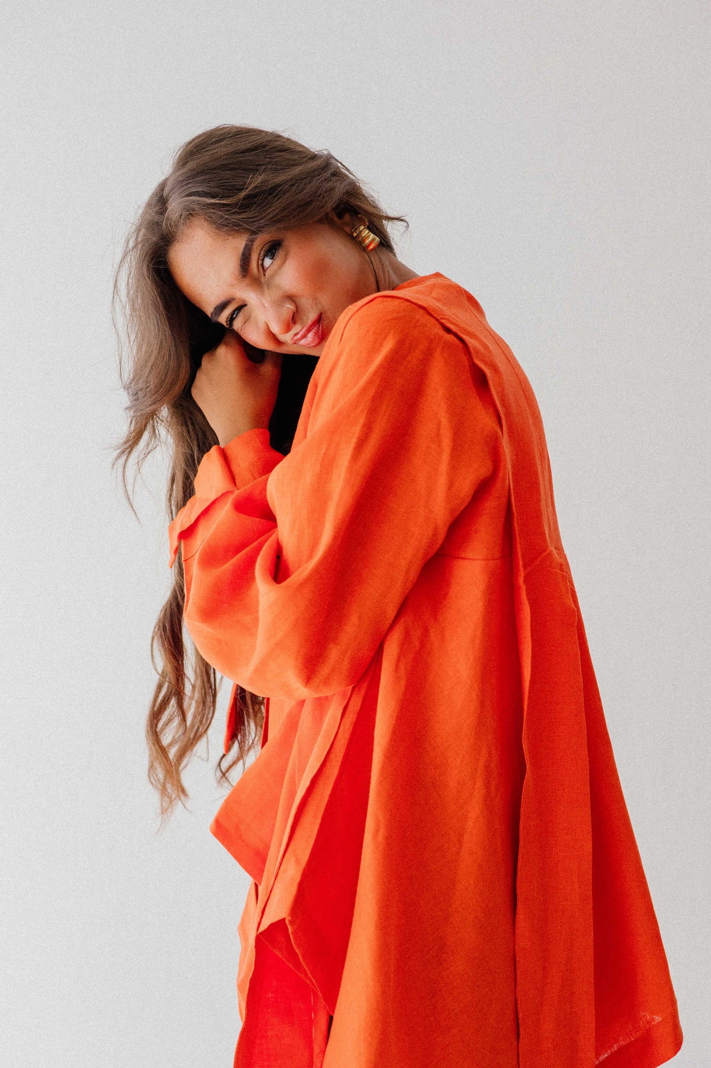 Short Double Collar Kimono In Orange
