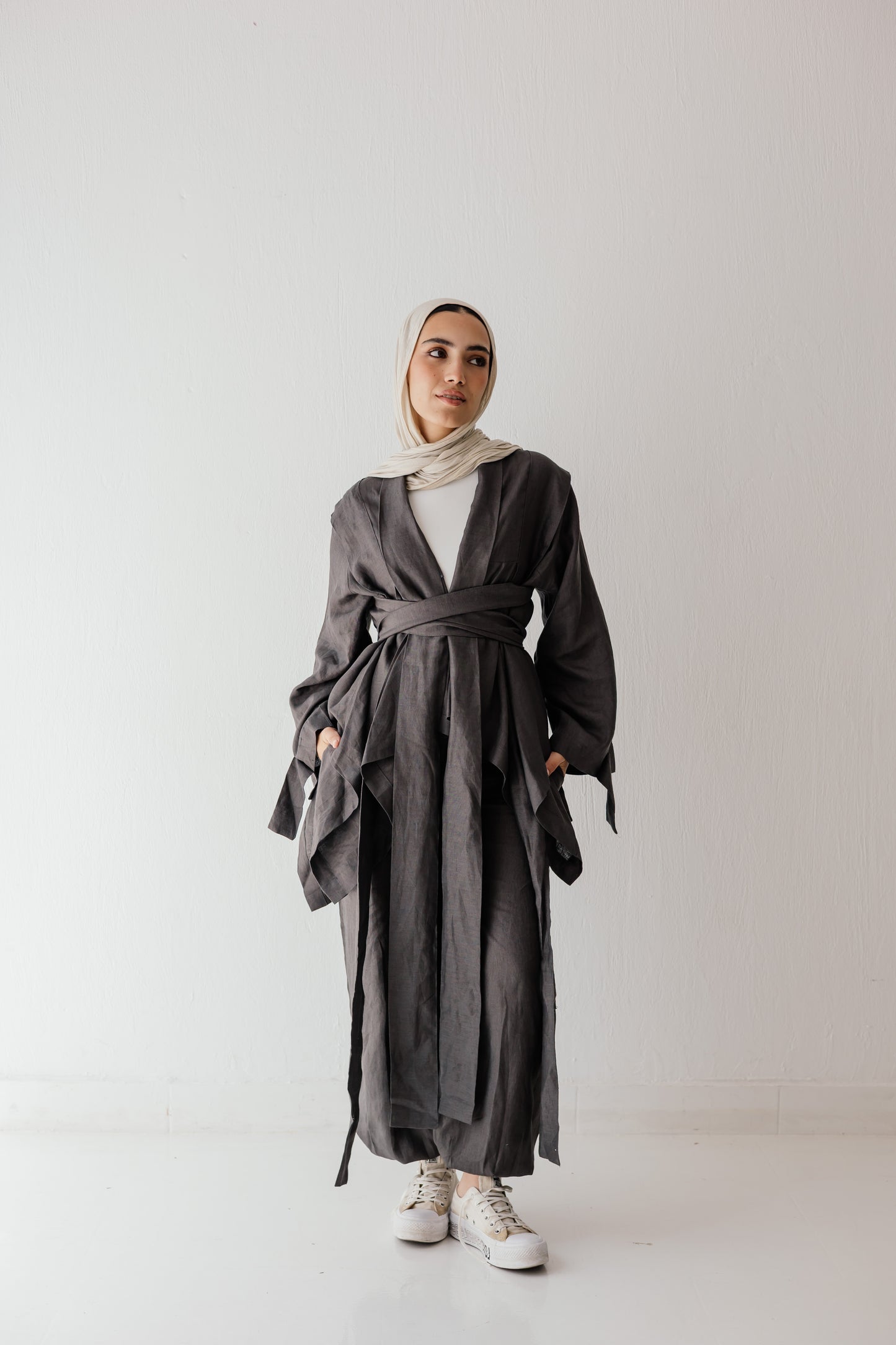 Short Double Collar Kimono In Dark-grey