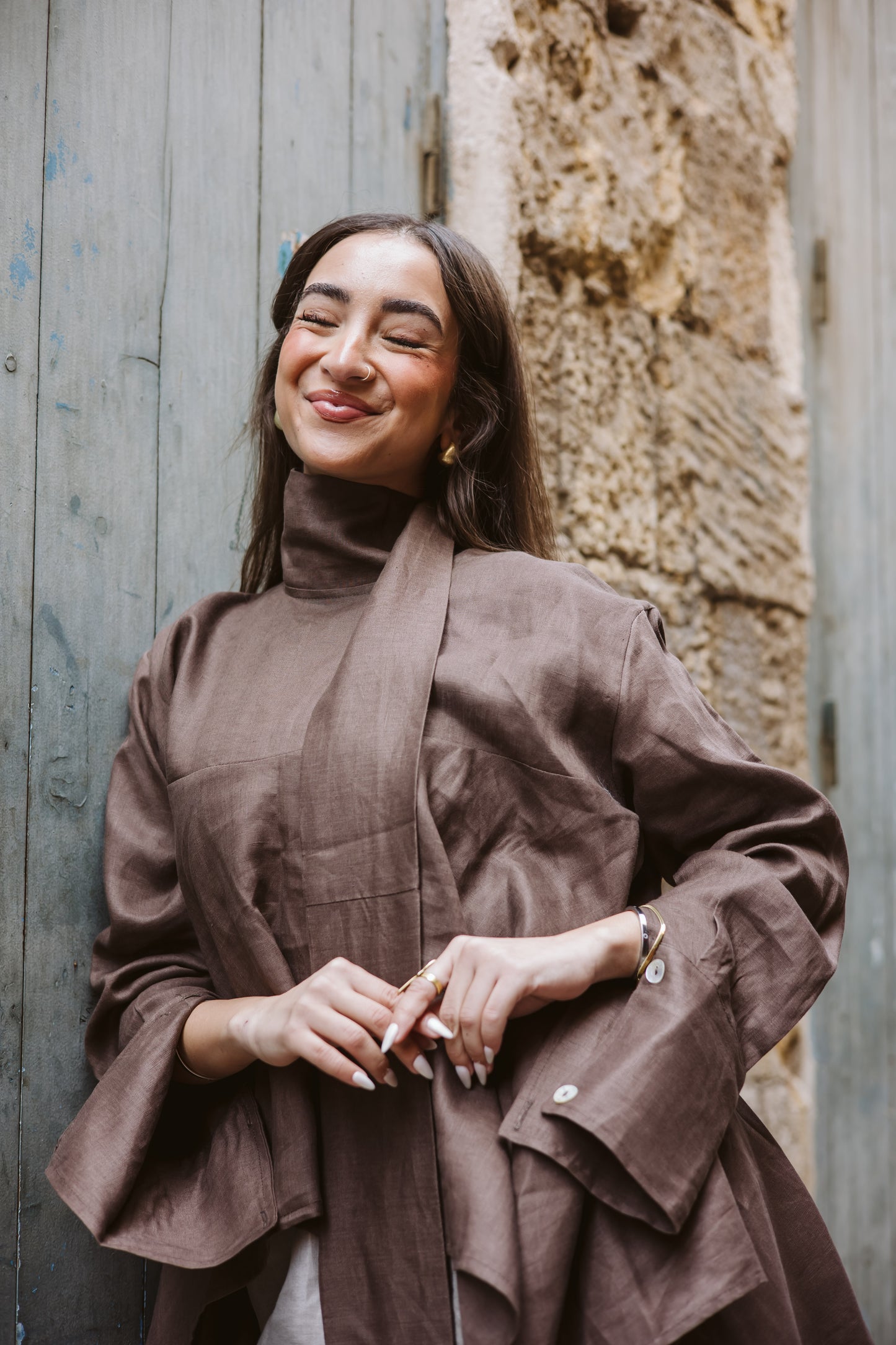 High-low Ribbon Top In Brown