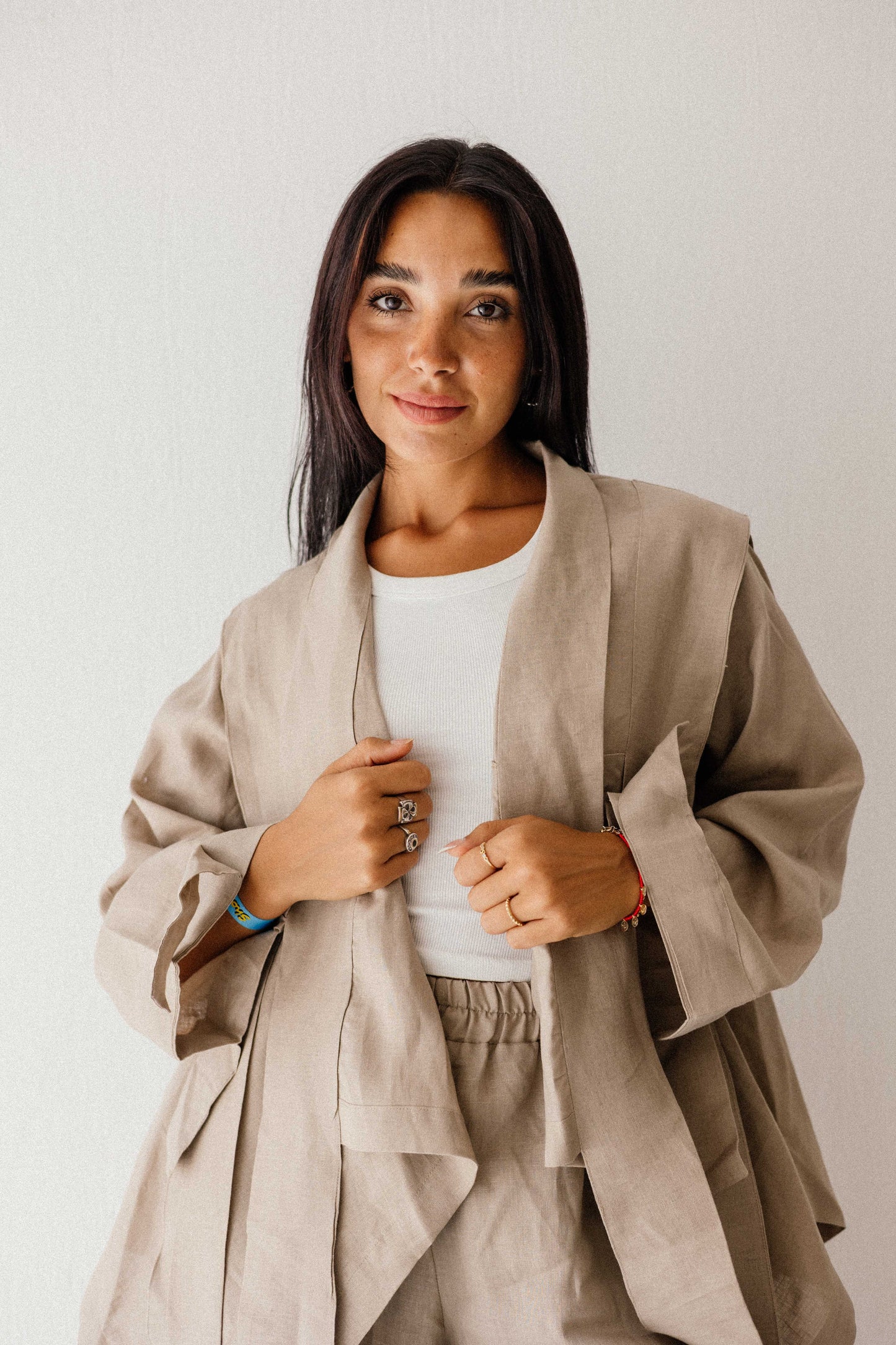 Short Double Collar Kimono In Cafe