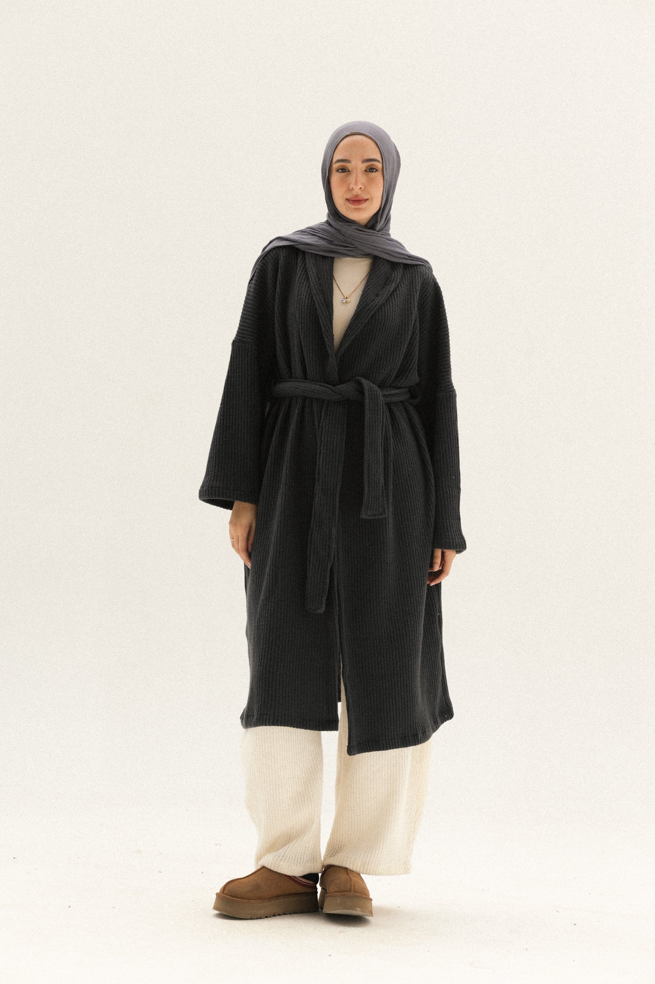 knitted Lined Kimono In Dark-grey