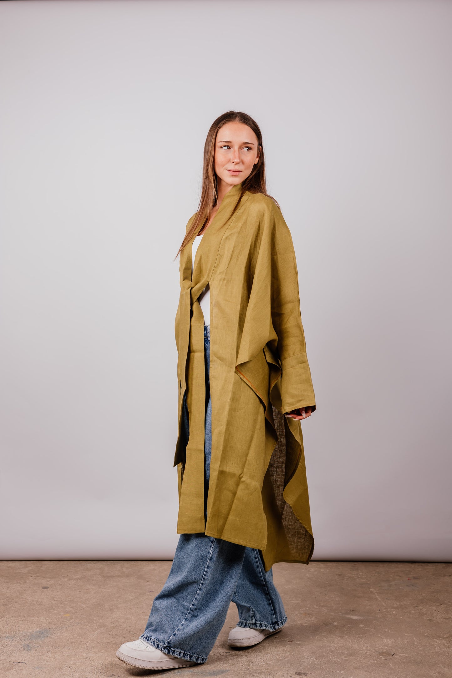Double Collar Kimono In Lime-green