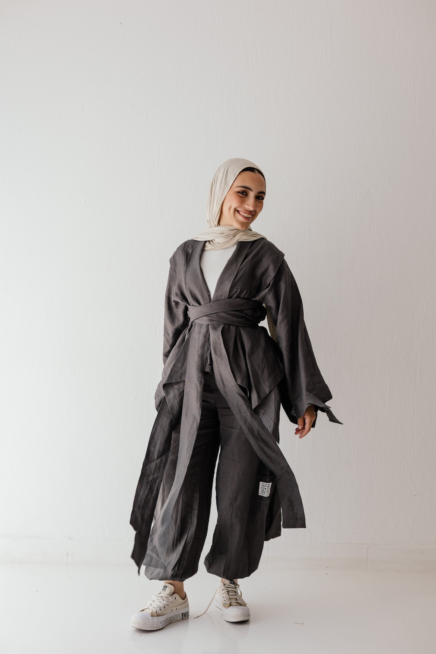 Short Double Collar Kimono In Dark-grey