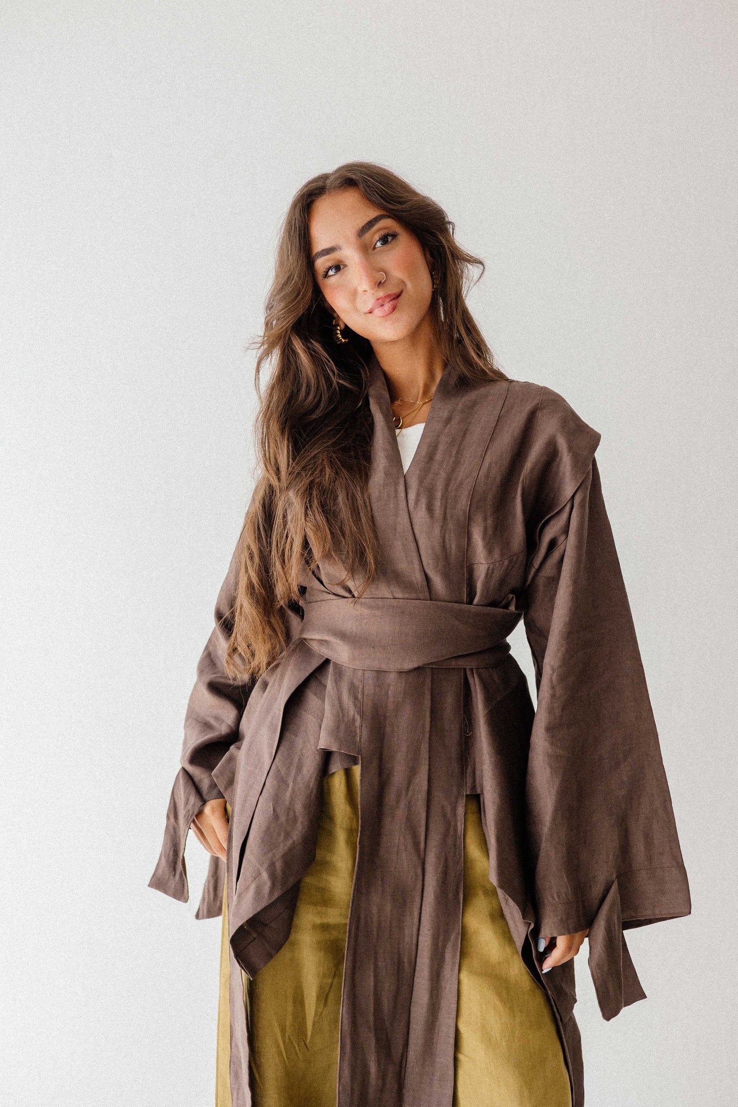 Short Double Collar Kimono In Brown
