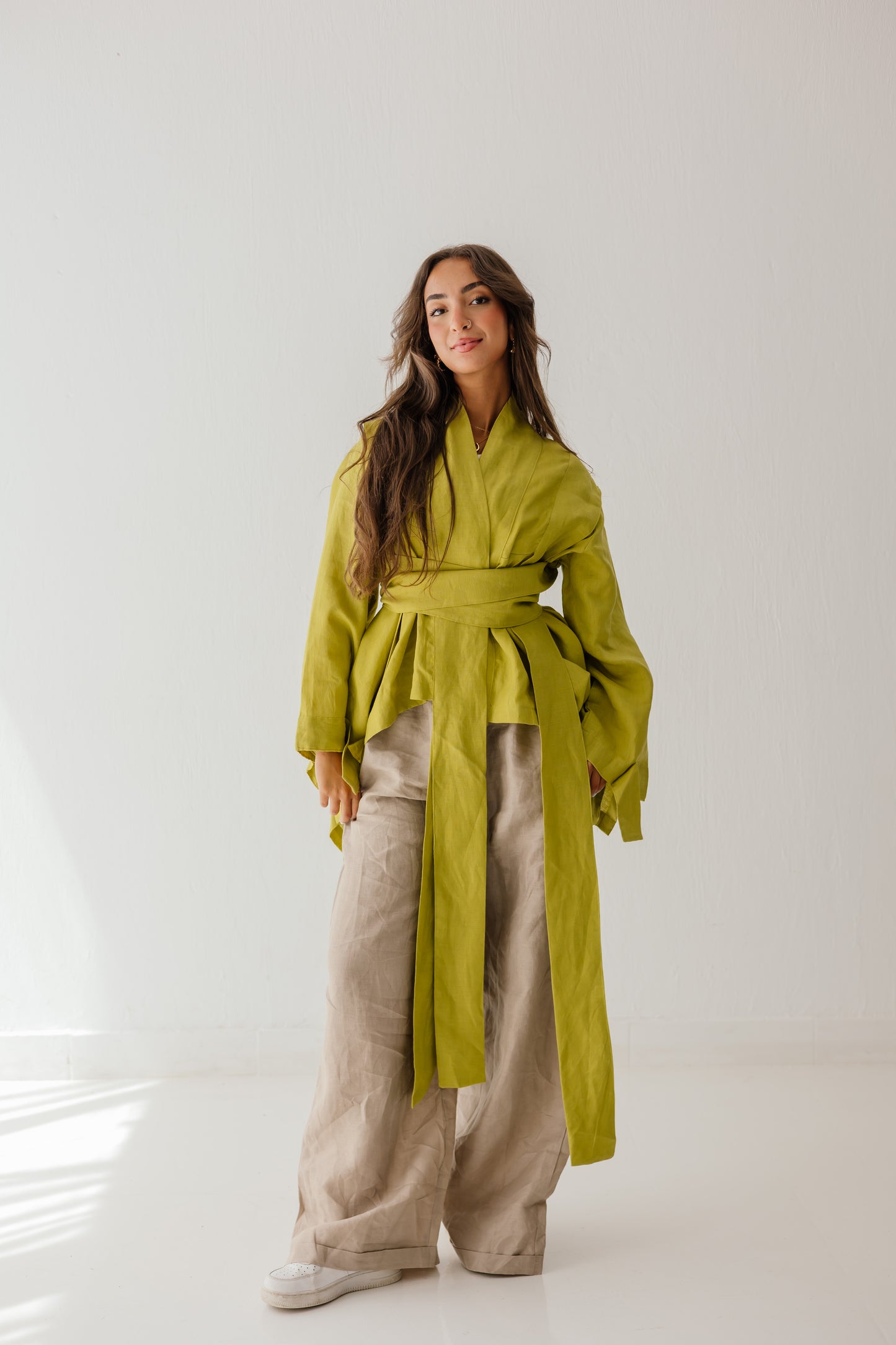Short Double Collar Kimono In Lime-green
