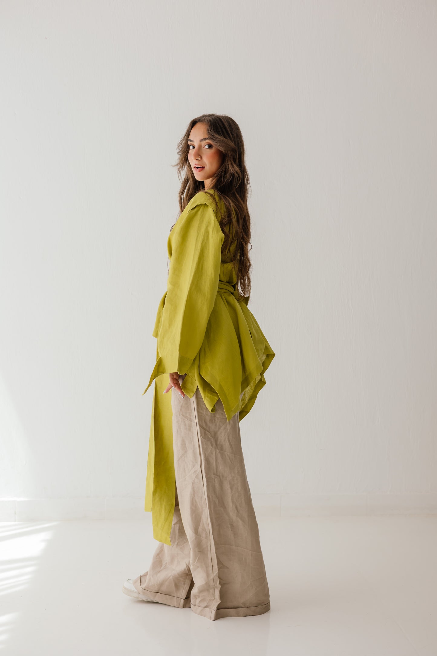 Short Double Collar Kimono In Lime-green