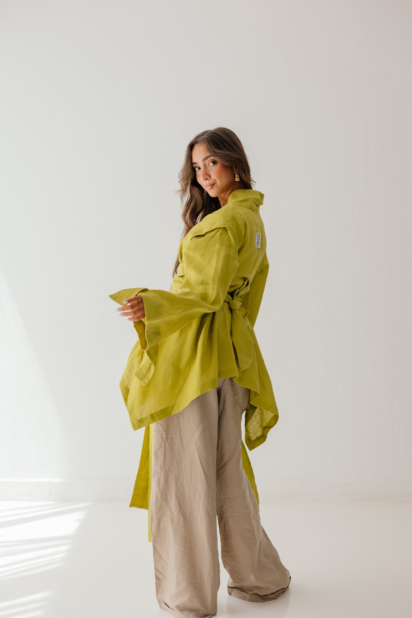 Short Double Collar Kimono In Lime-green