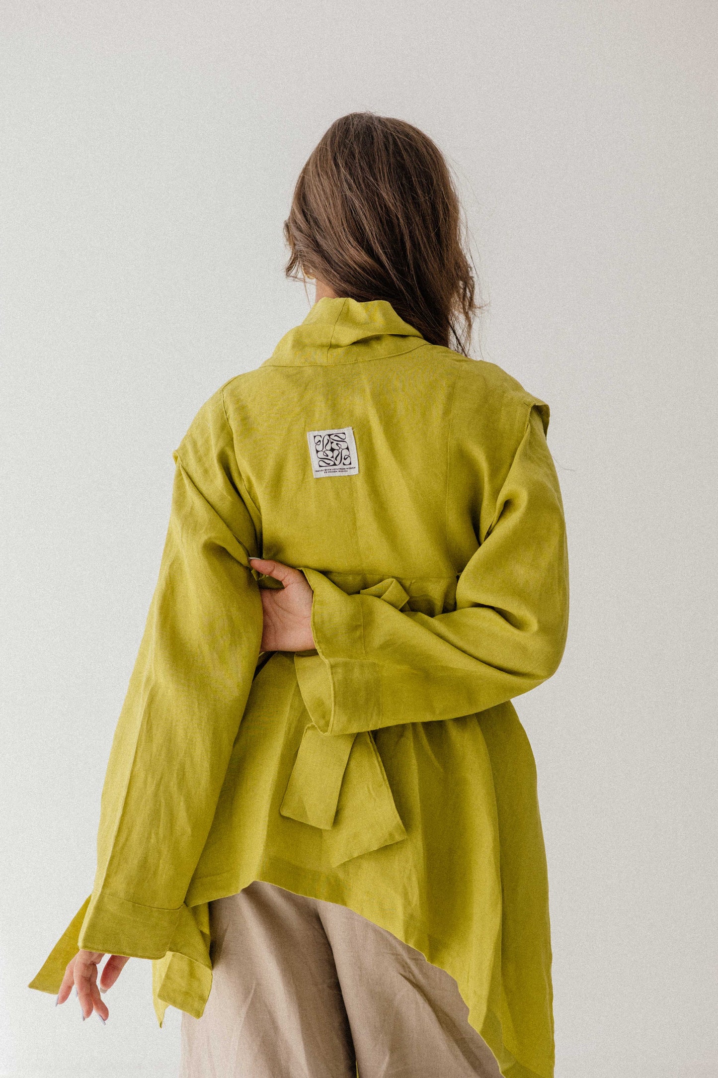 Short Double Collar Kimono In Lime-green
