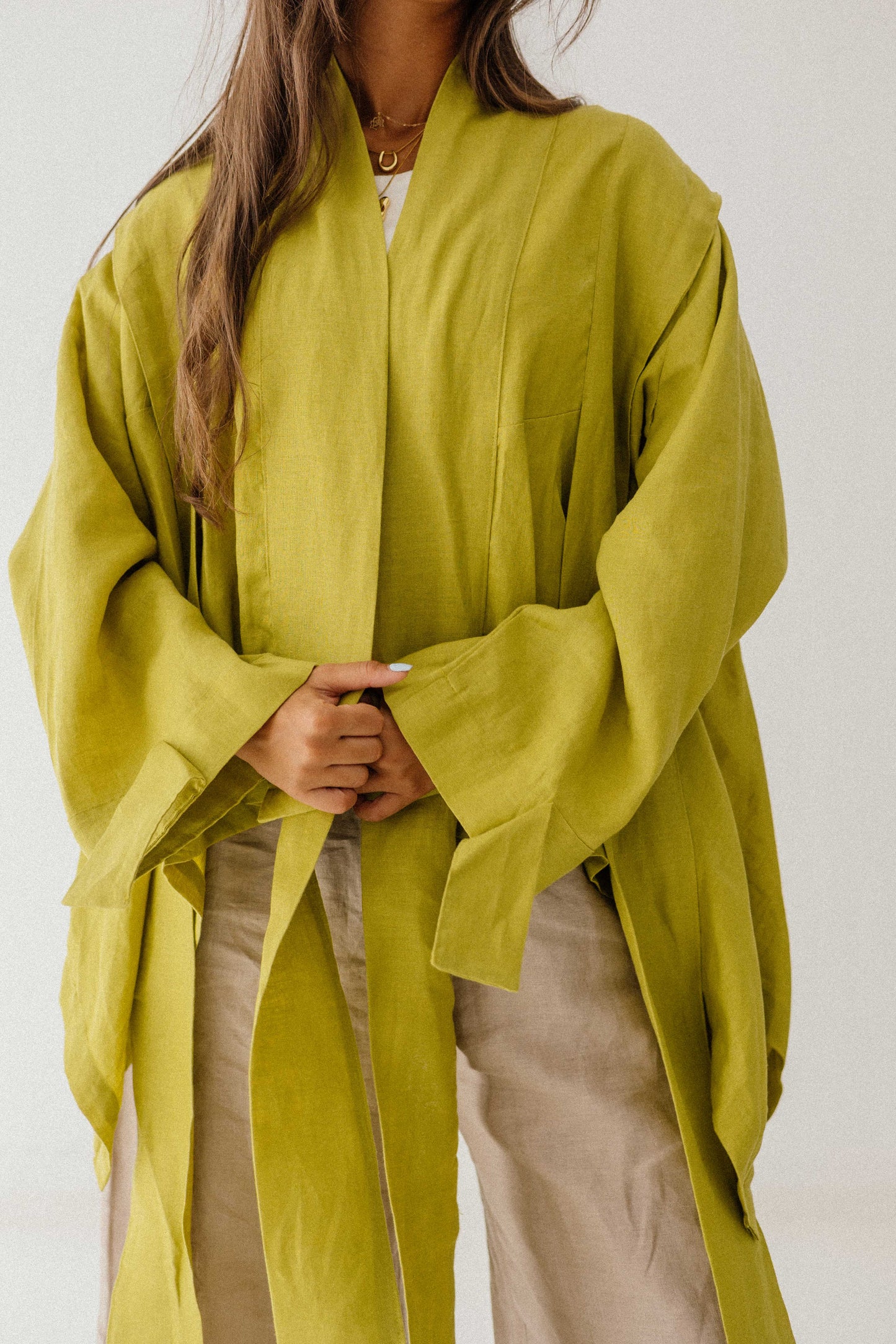 Short Double Collar Kimono In Lime-green