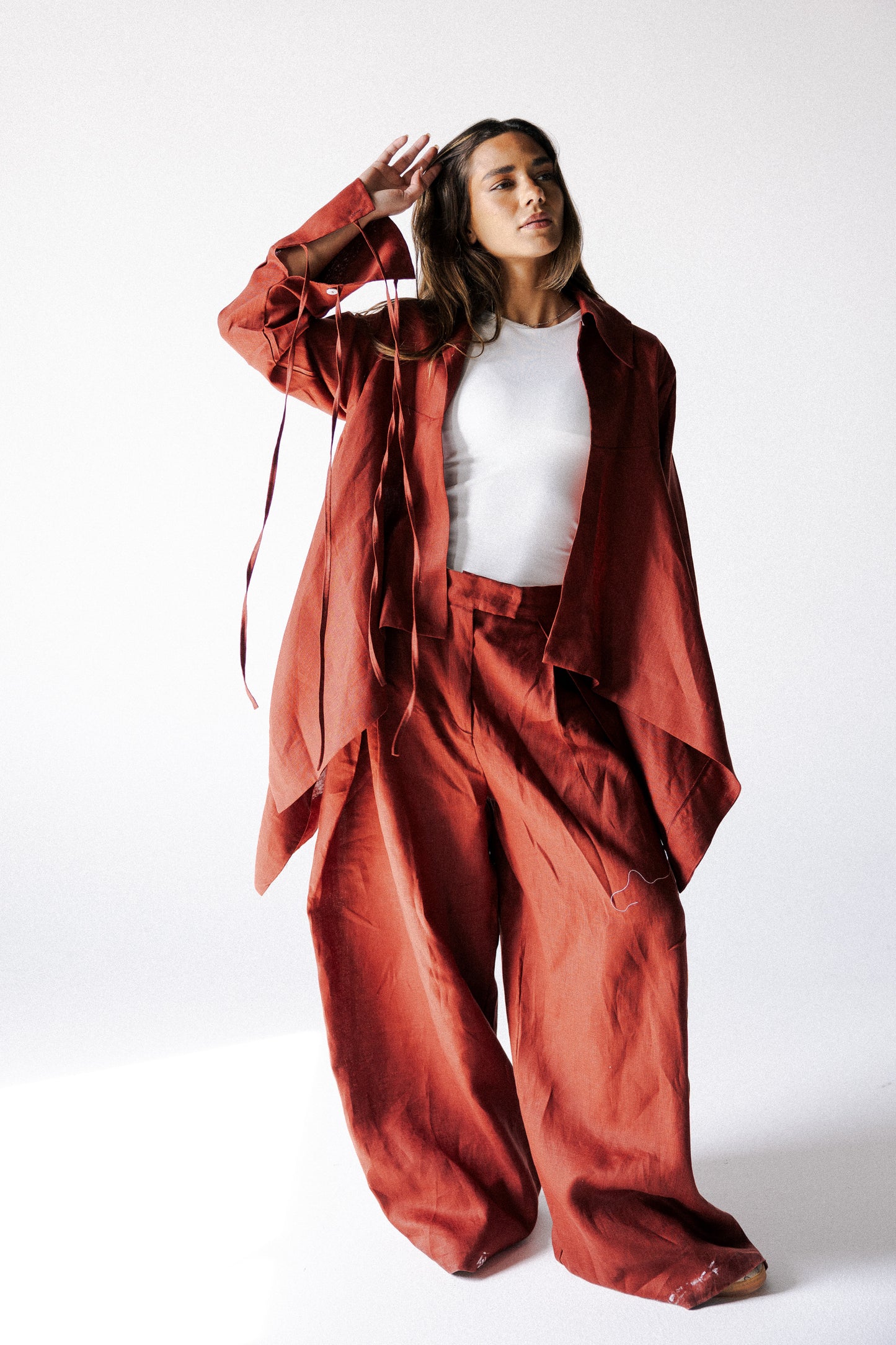 Double fringes kimono in burnt red