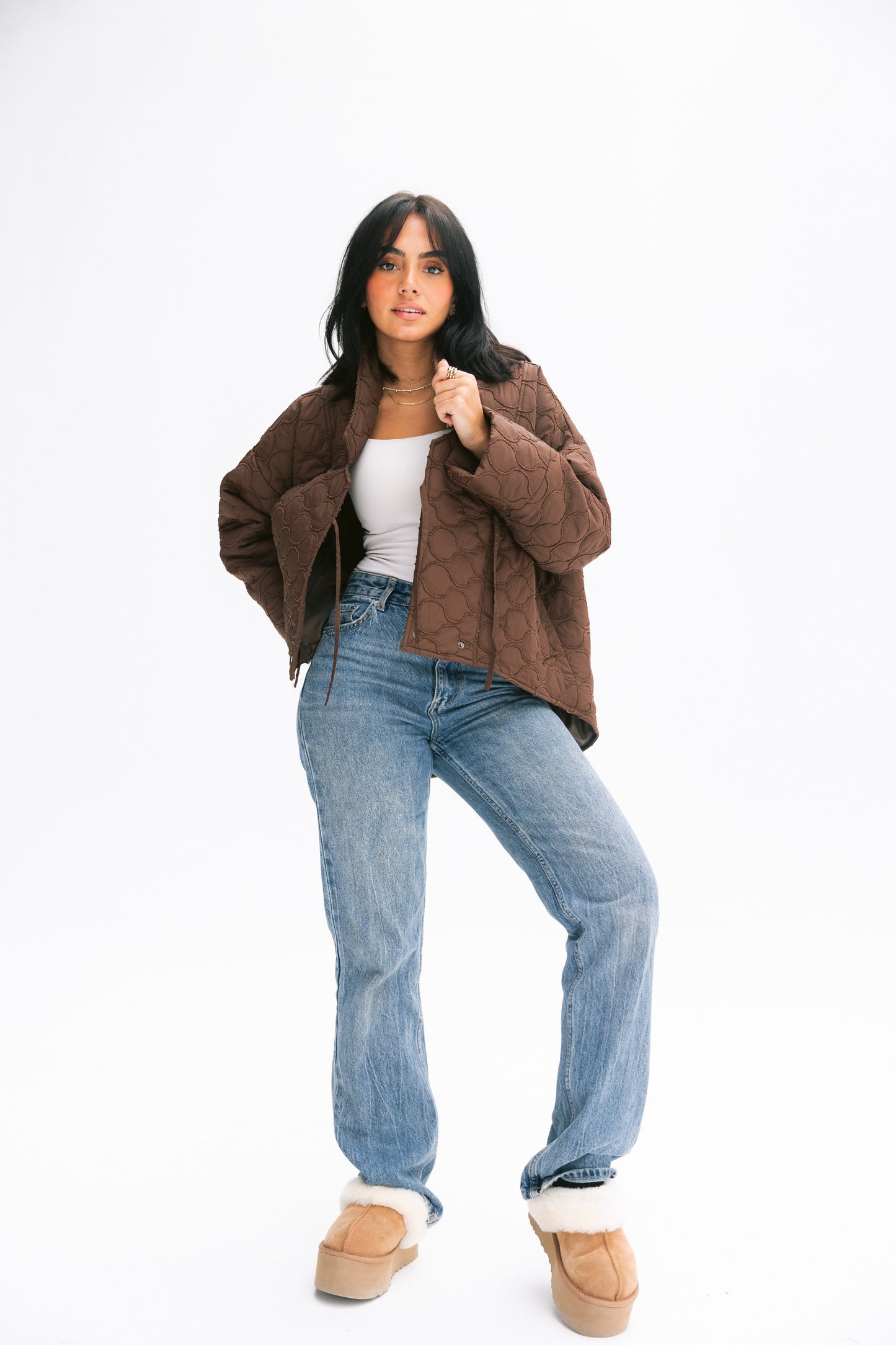 Collar puffer jacket in brown
