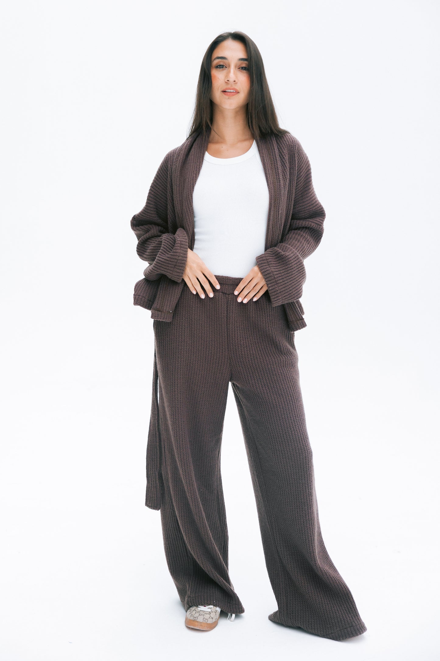 Short Kimono Knitted Set In Brown