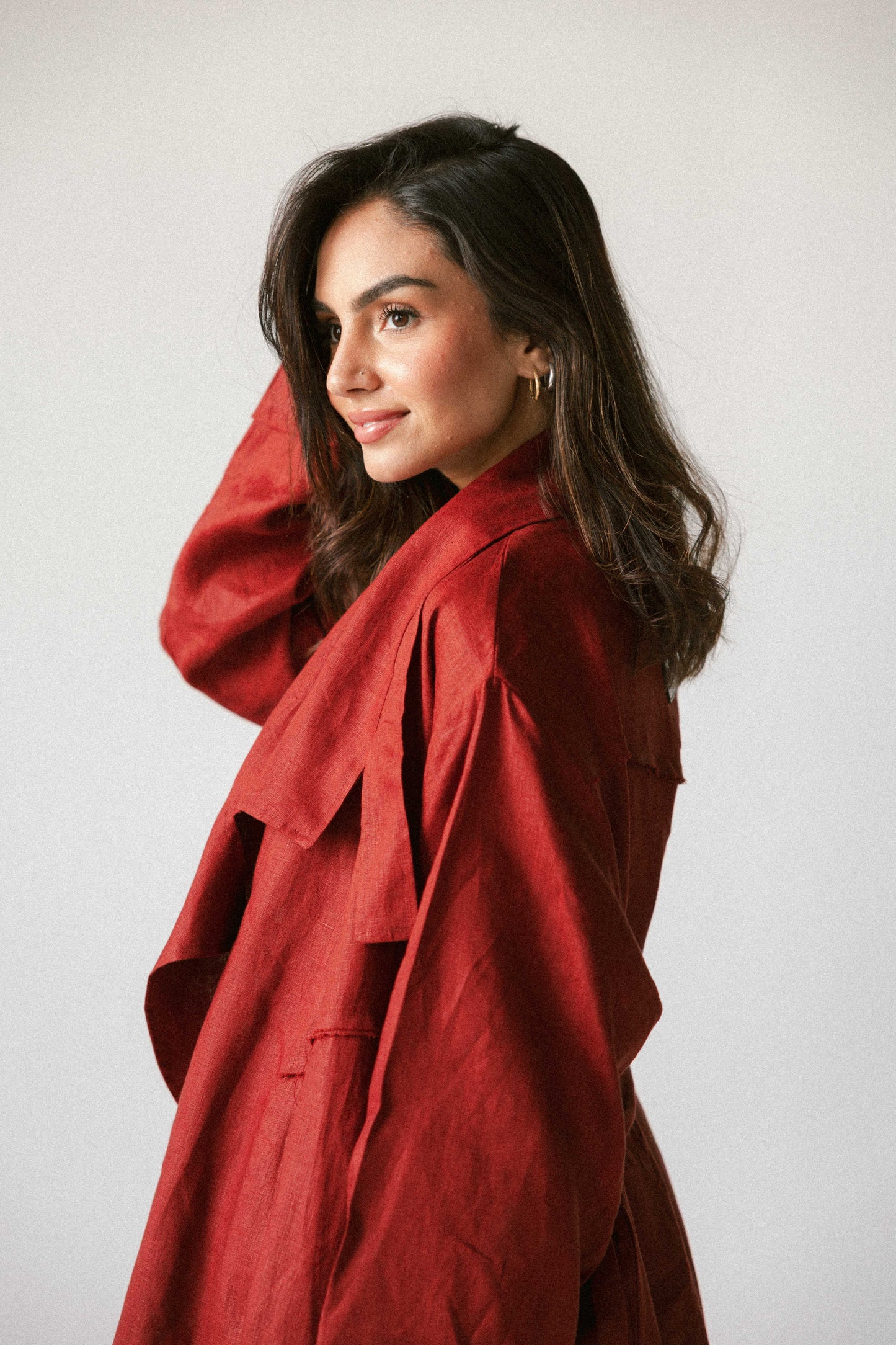 High-low kimono in burnet red