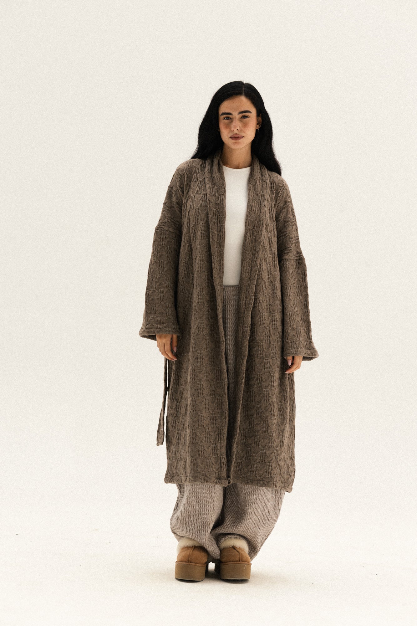 knitted Braided Kimono In Dark-cafe