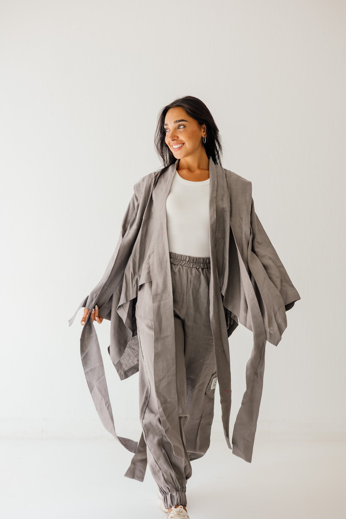 Short Double Collar Kimono In Grey