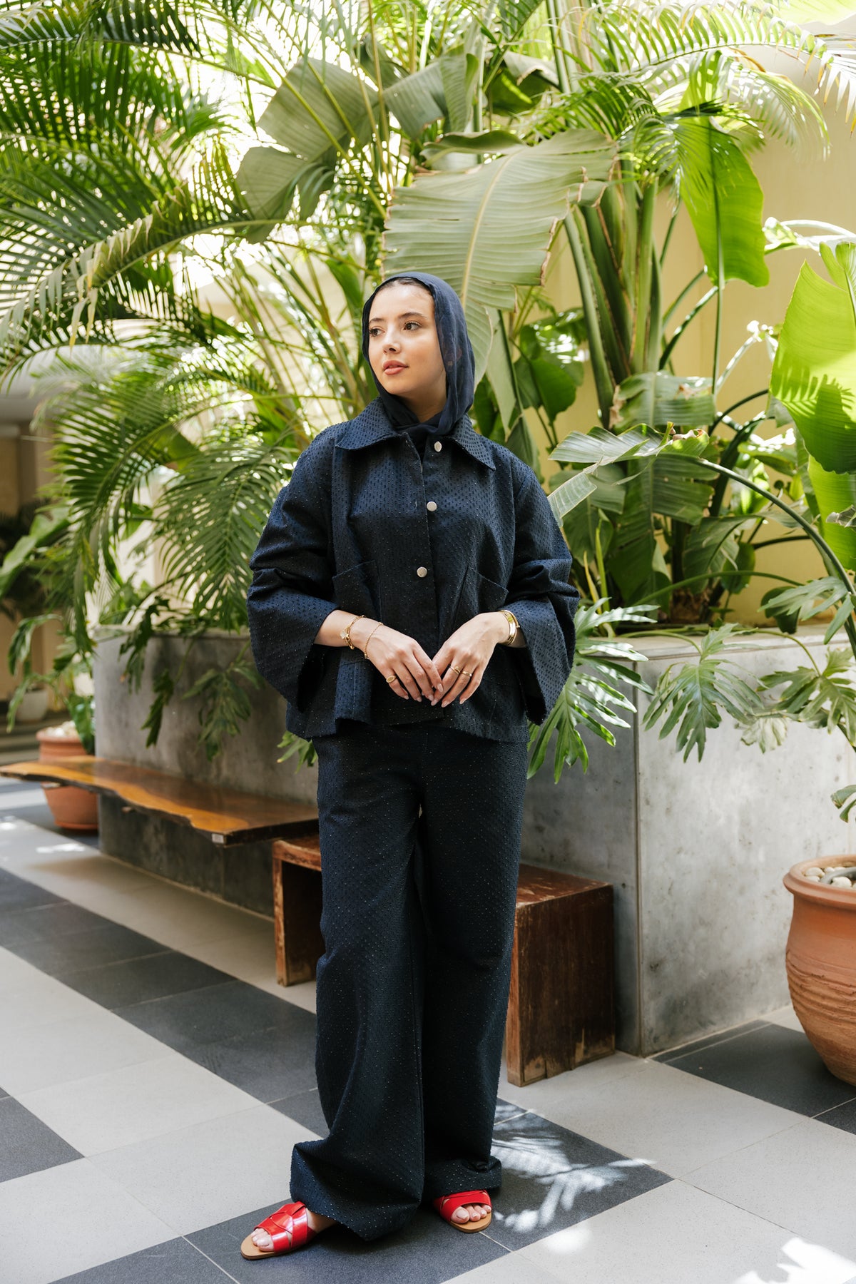 Dots denim set in navy blue