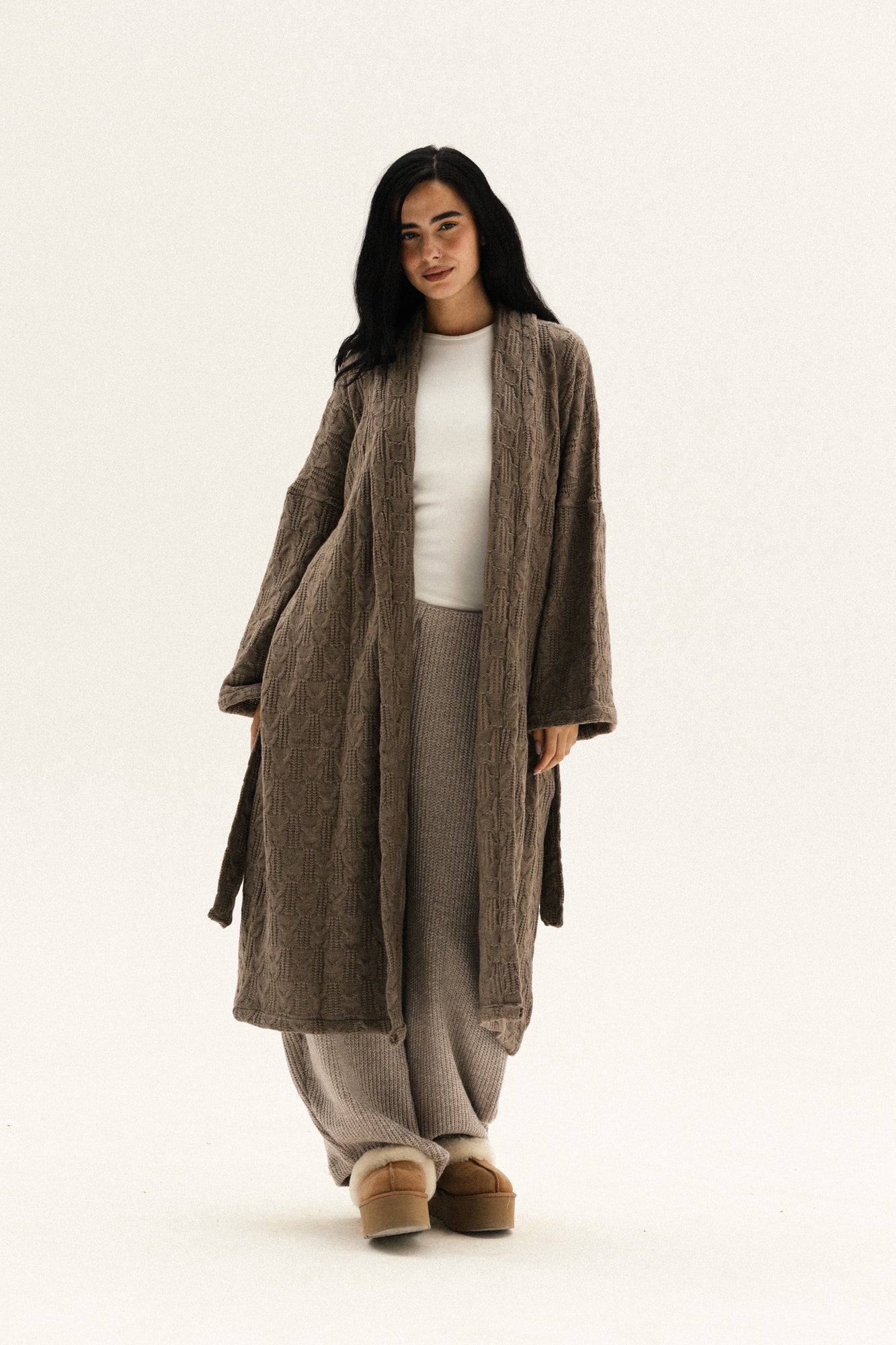 knitted Braided Kimono In Dark-cafe