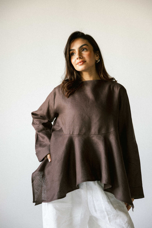 Ruffeled linen top in chocolate brown