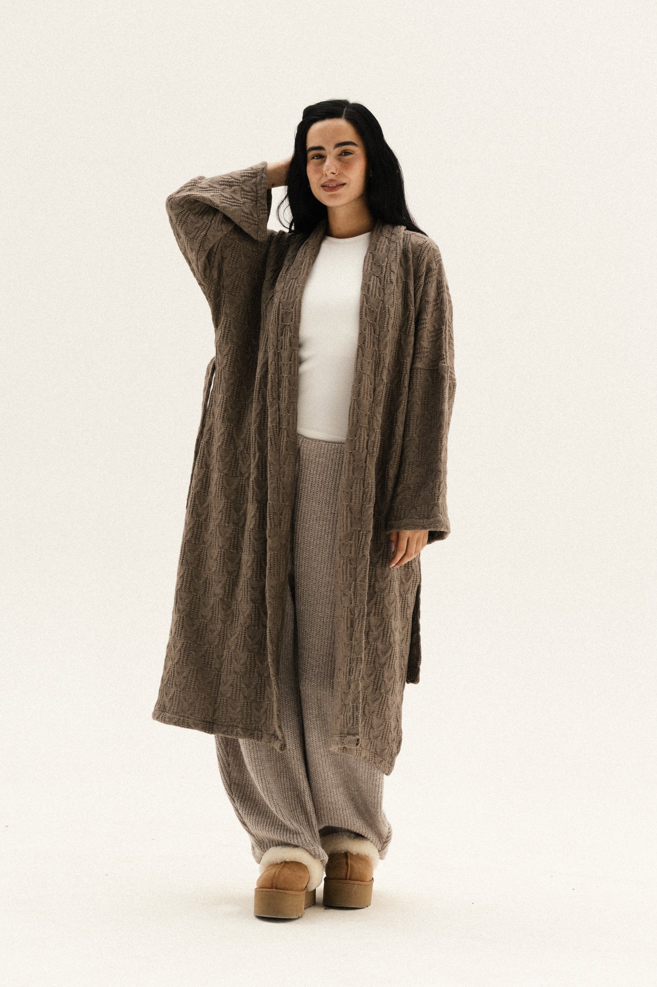 knitted Braided Kimono In Dark-cafe