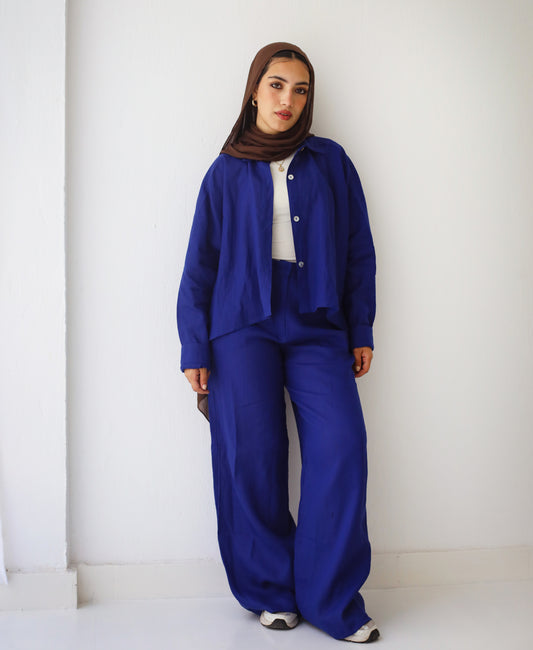 Crop linen set in royal blue