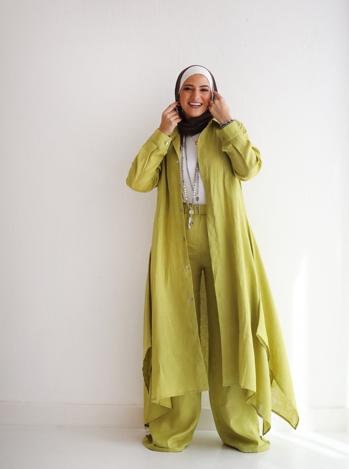 Long shirt linen set in Limegreen