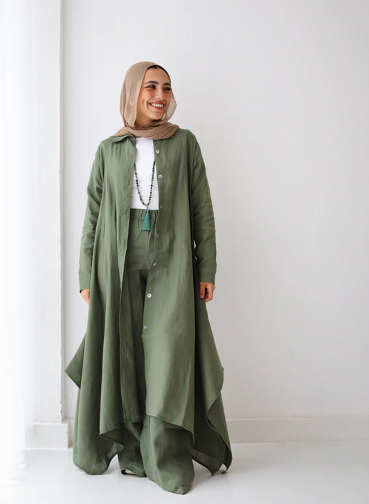 Long shirt linen set in dark green