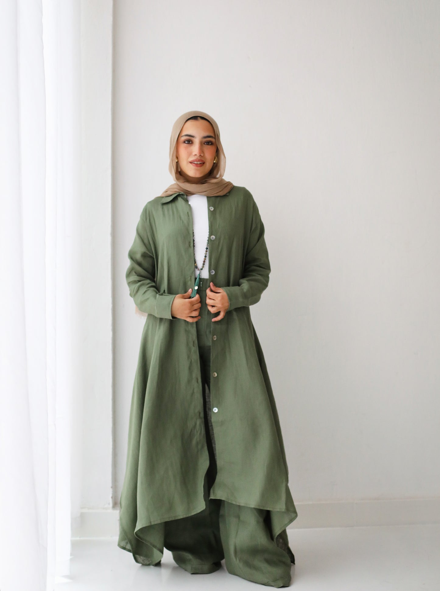 Long shirt linen set in dark green