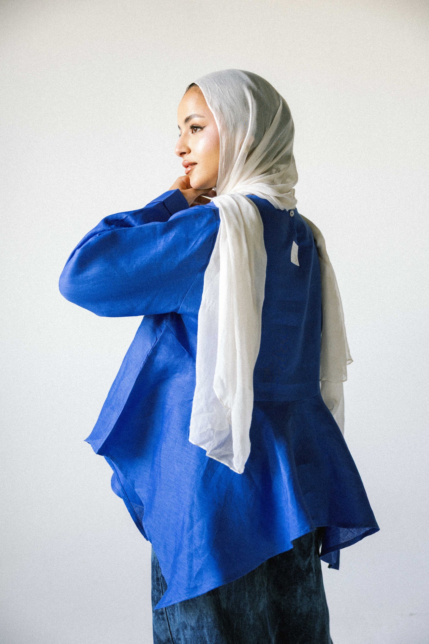 Ruffeled linen top in royal-blue