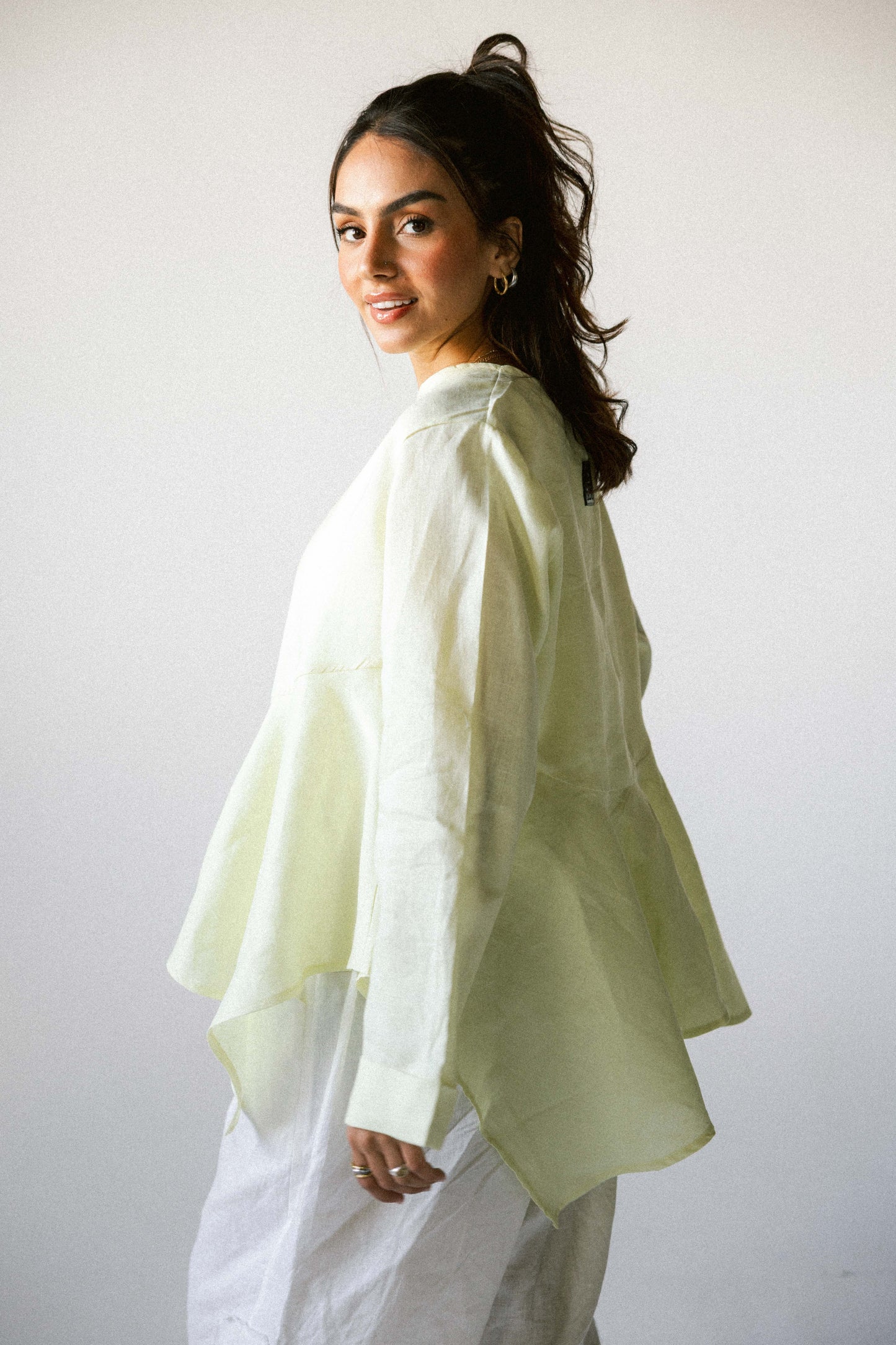 Ruffeled linen top in butter yellow