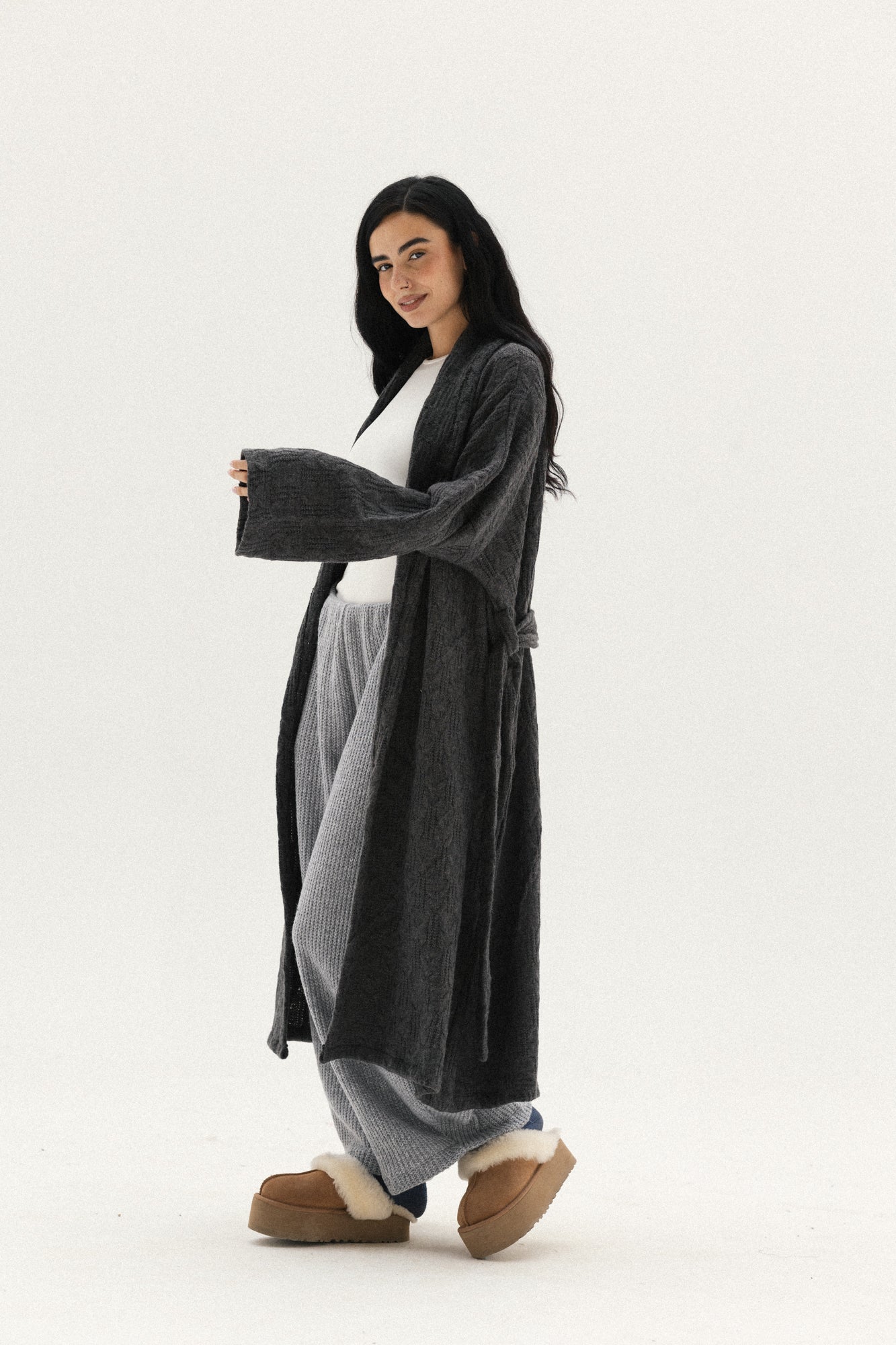 Knitted Braided Kimono In Dark-grey