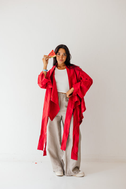 Short Double Collar kimono In Red