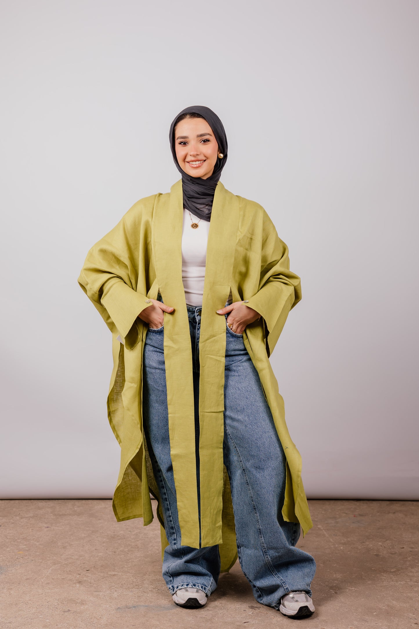 Double Collar Kimono In Lime-green