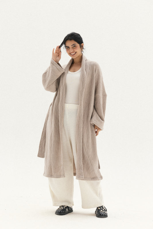 Knitted Cross-lines Kimono In Cafe
