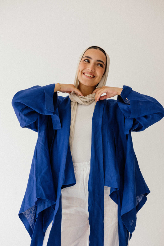 Short Double Collar Kimono In Royal-blue