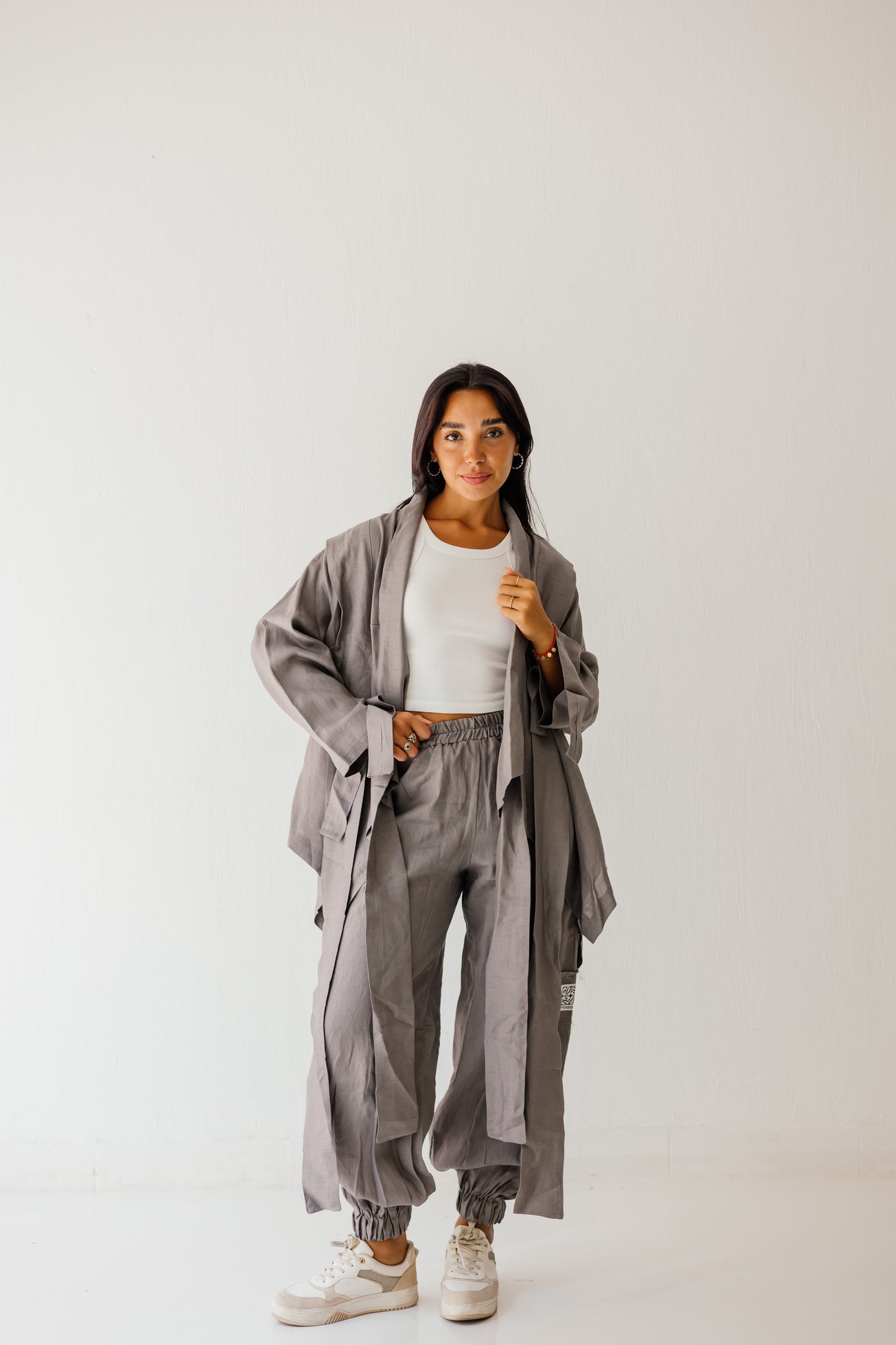 Short Double Collar Kimono In Grey