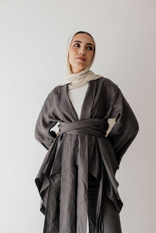 Short Double Collar Kimono In Dark-grey