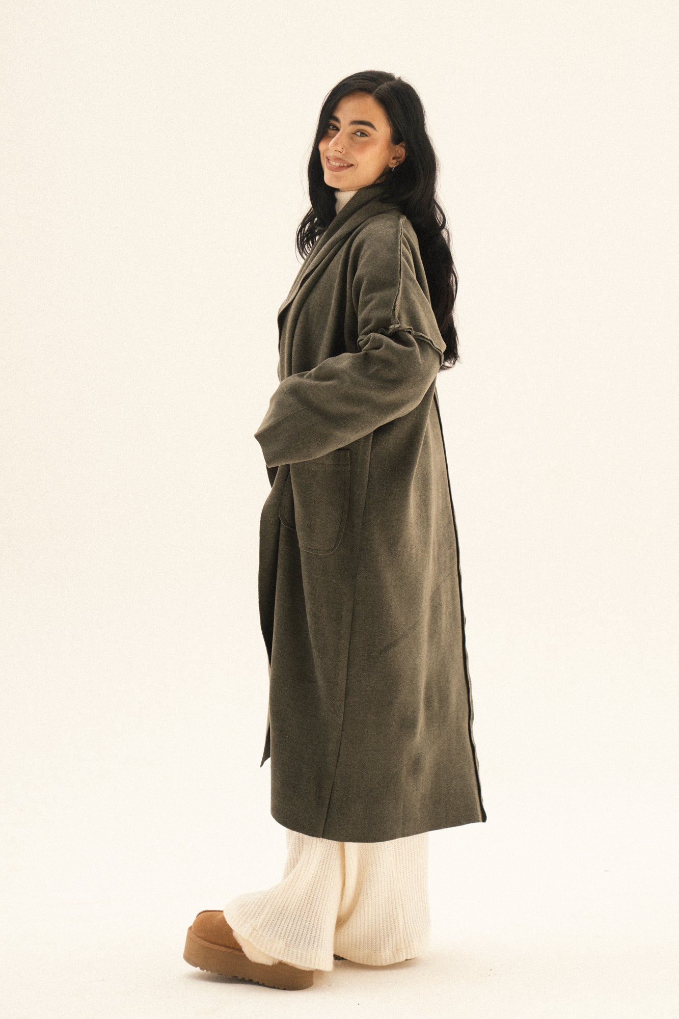 Long Pocket Coat In Olive