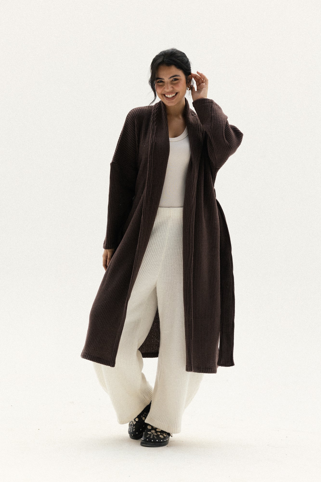 Knitted Lined Kimono In Brown