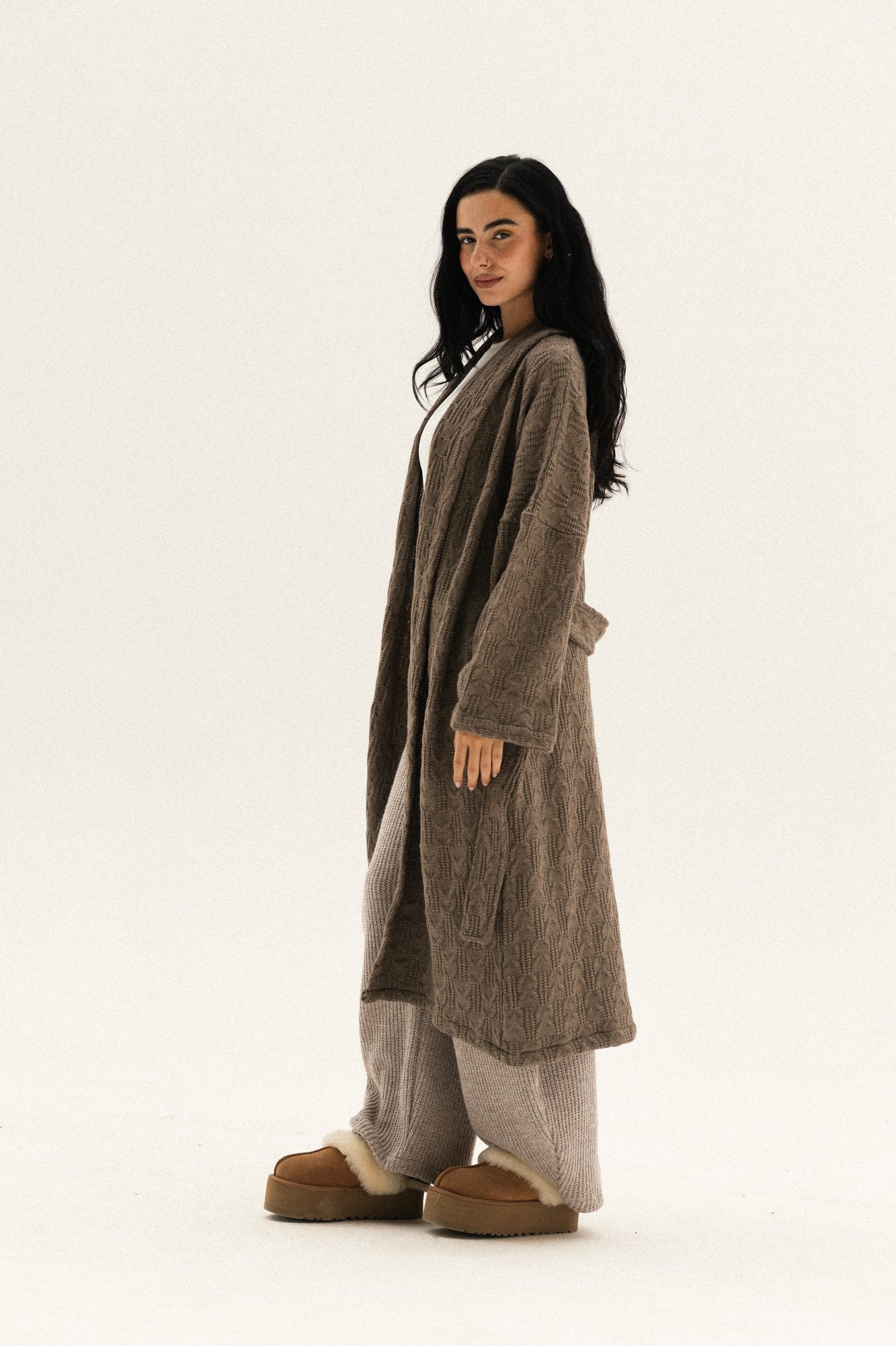 knitted Braided Kimono In Dark-cafe