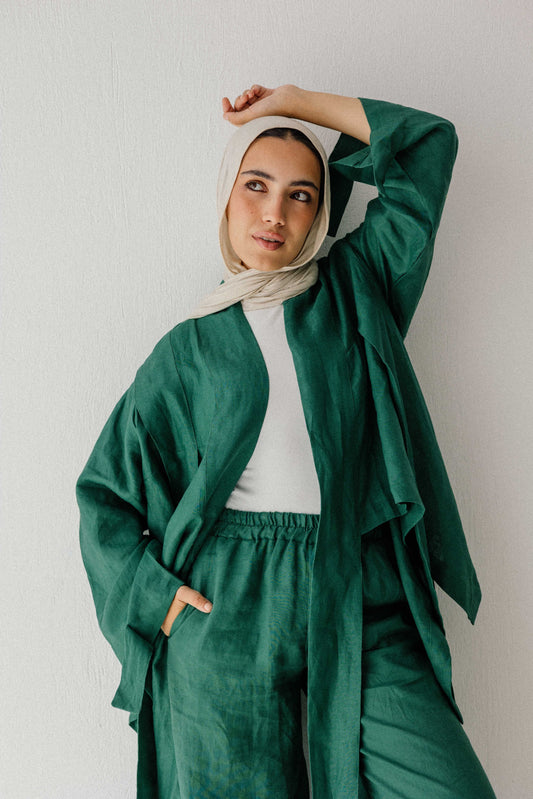 Short Double Collar Kimono In Dark Green
