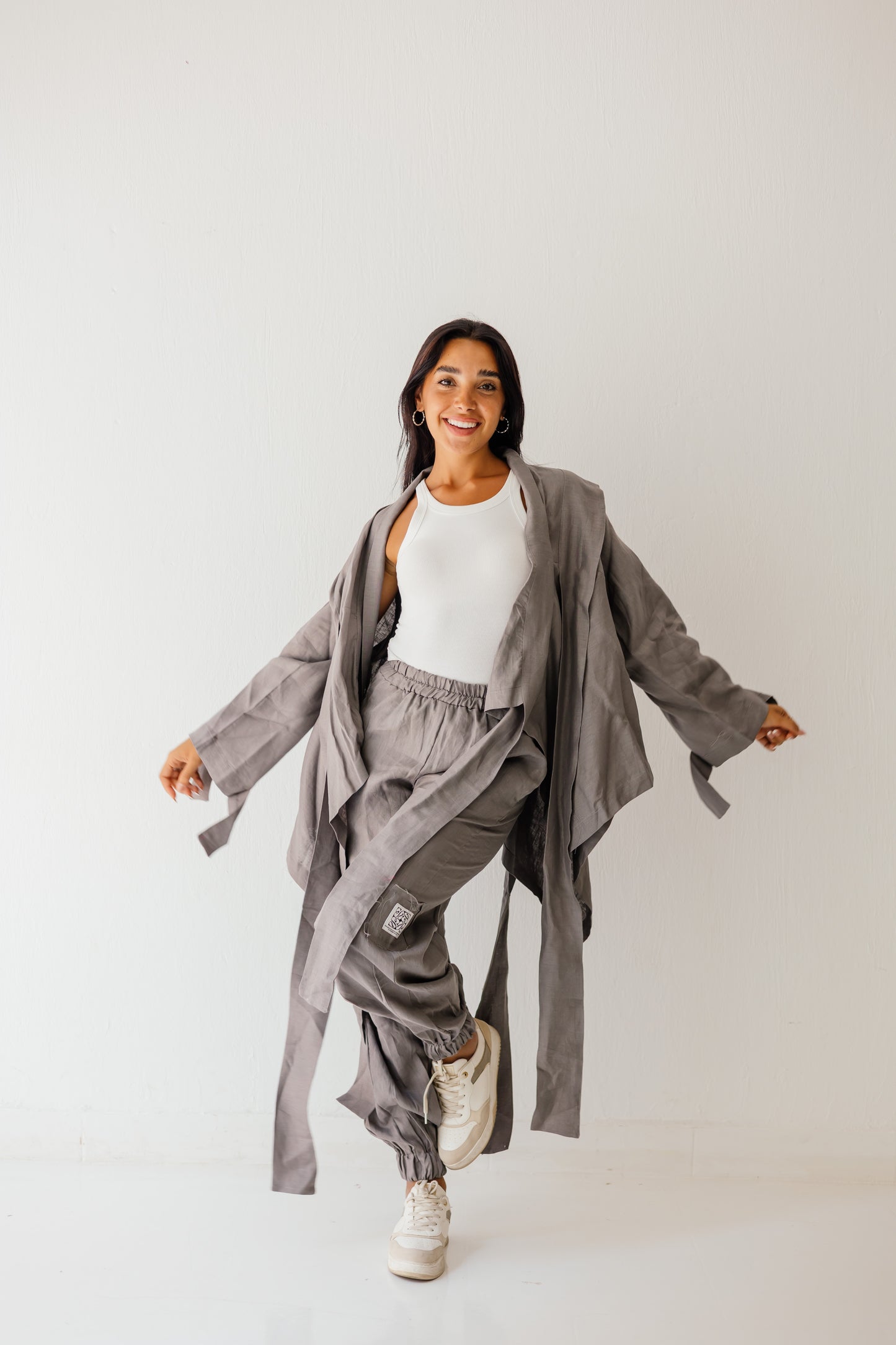 Short Double Collar Kimono In Grey