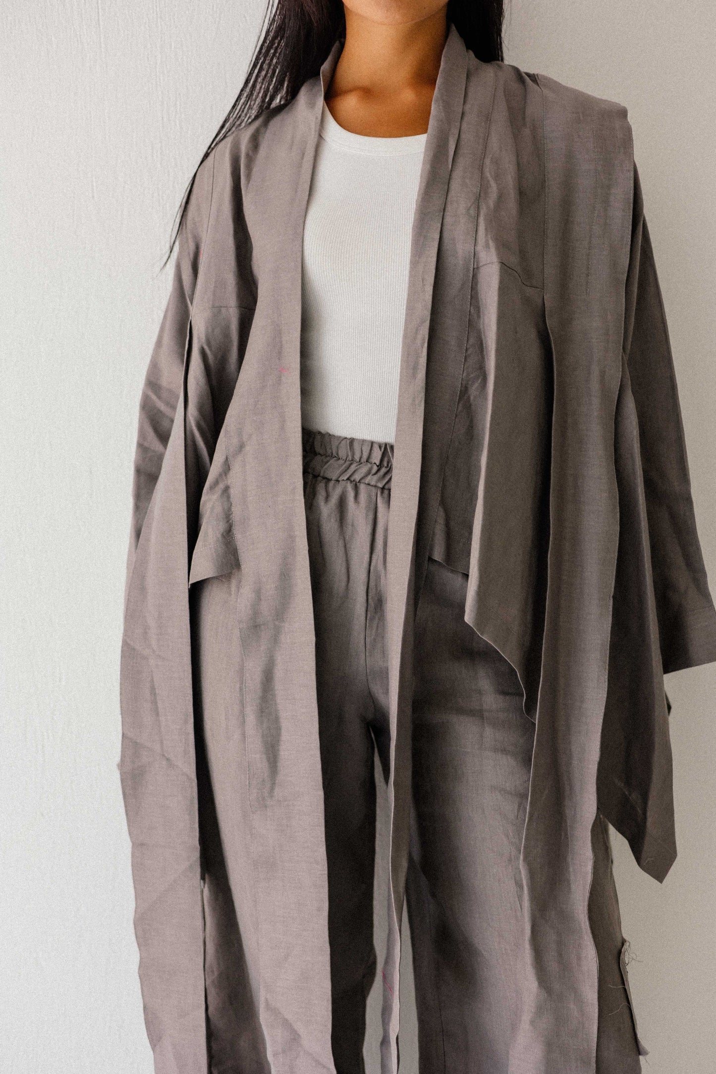 Short Double Collar Kimono In Grey