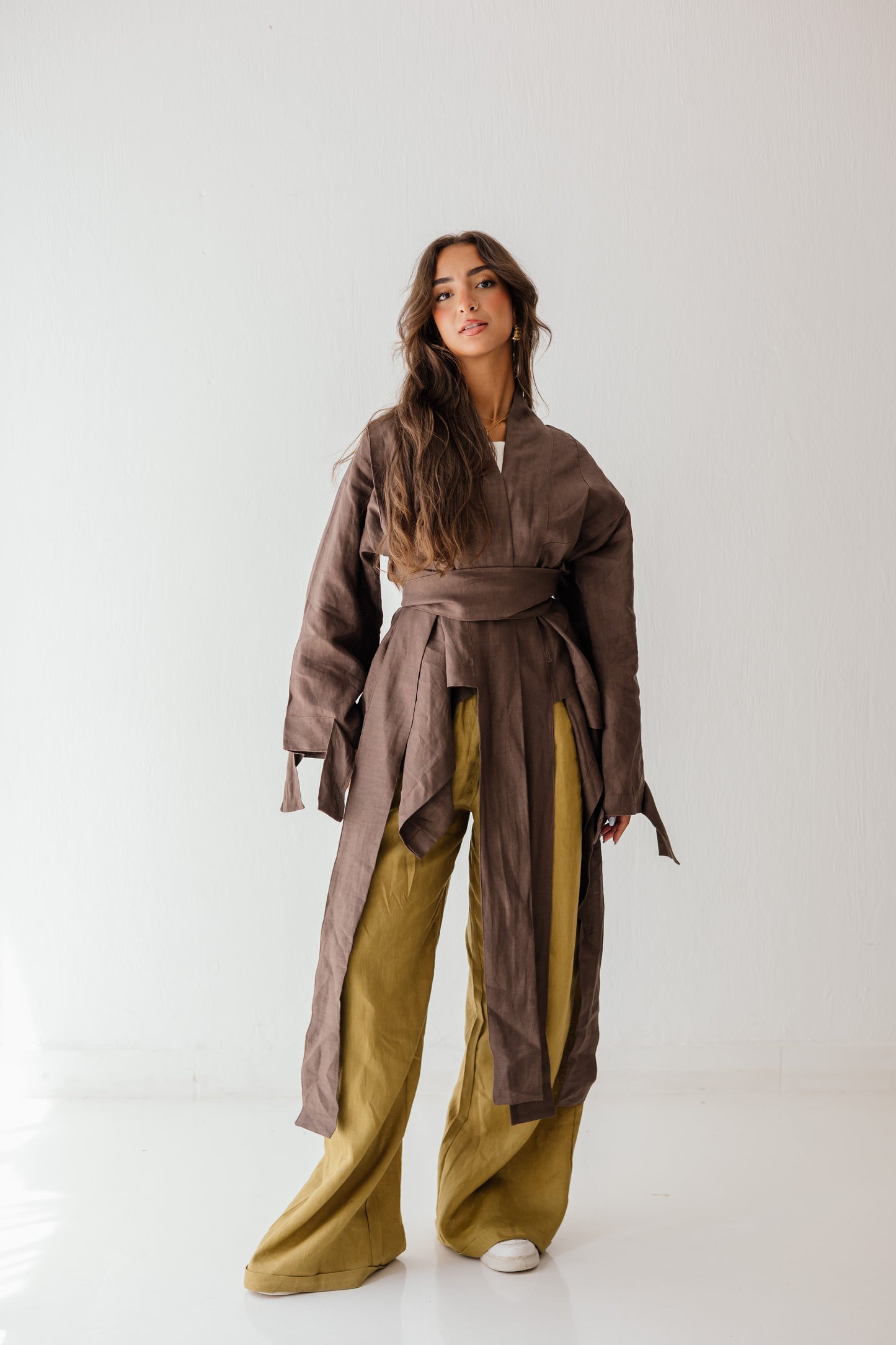 Short Double Collar Kimono In Brown
