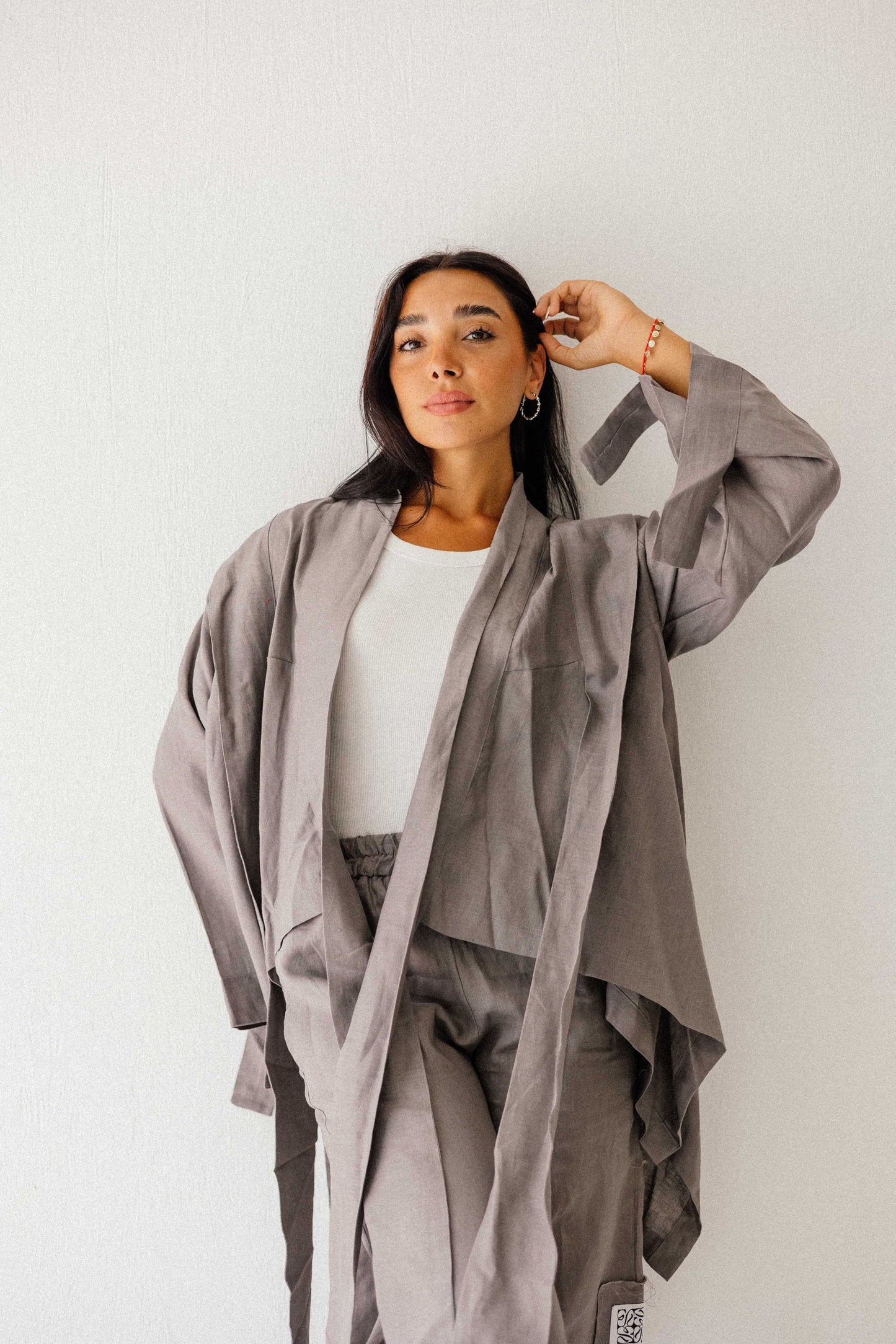 Short Double Collar Kimono In Grey