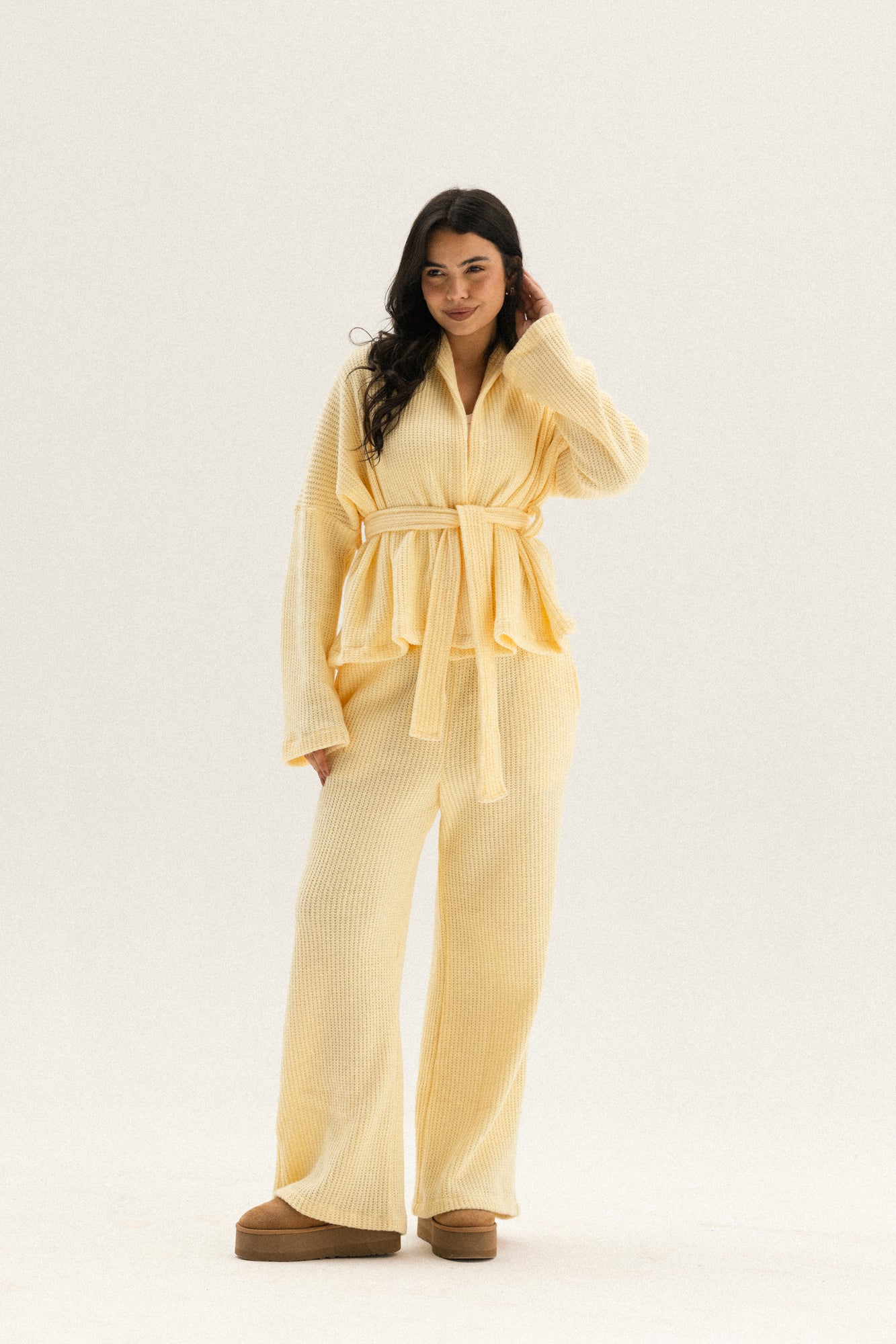 Short Kimono Knitted set In Butter Yellow