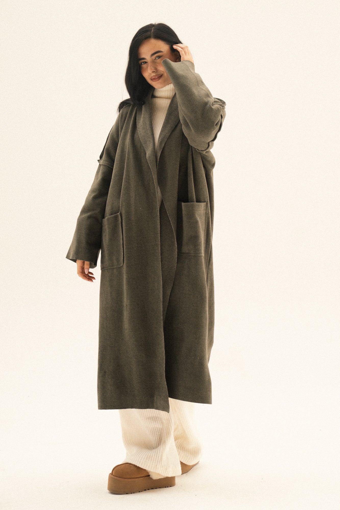 Long Pocket Coat In Olive