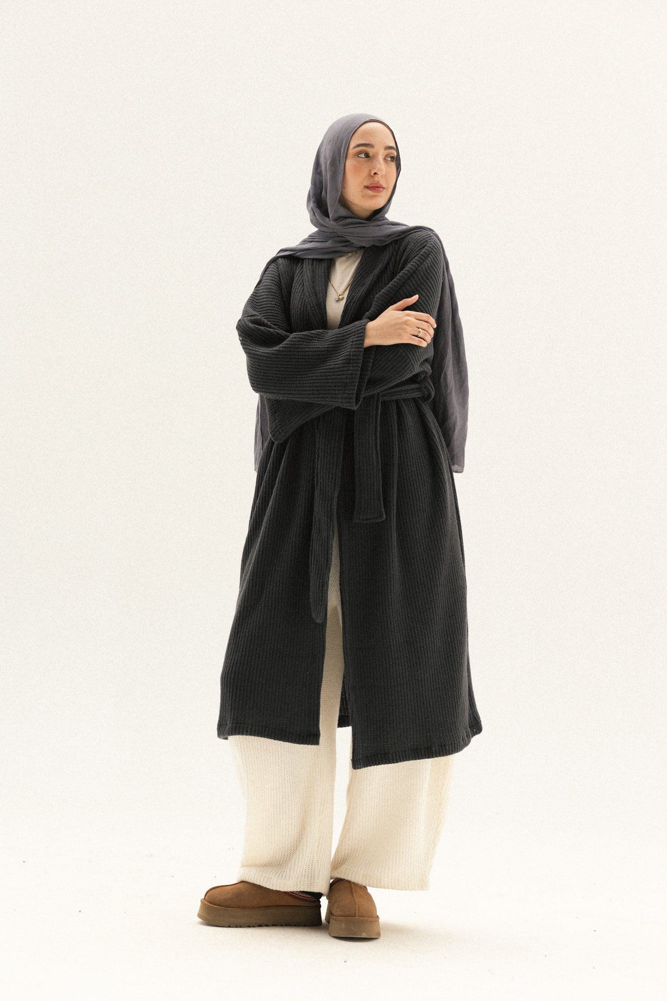 knitted Lined Kimono In Dark-grey