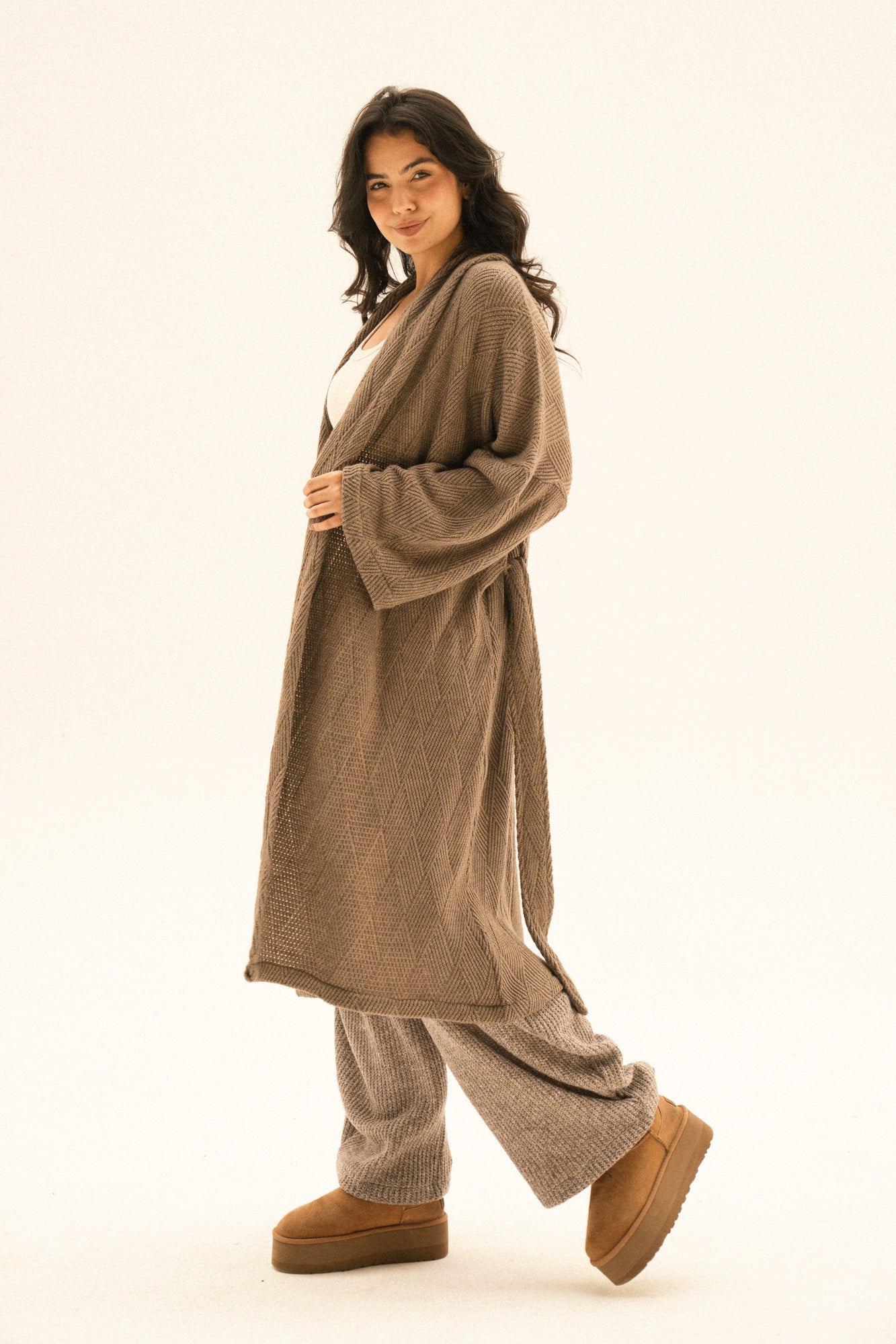 Knitted Cross-lines Kimono In Dark cafe