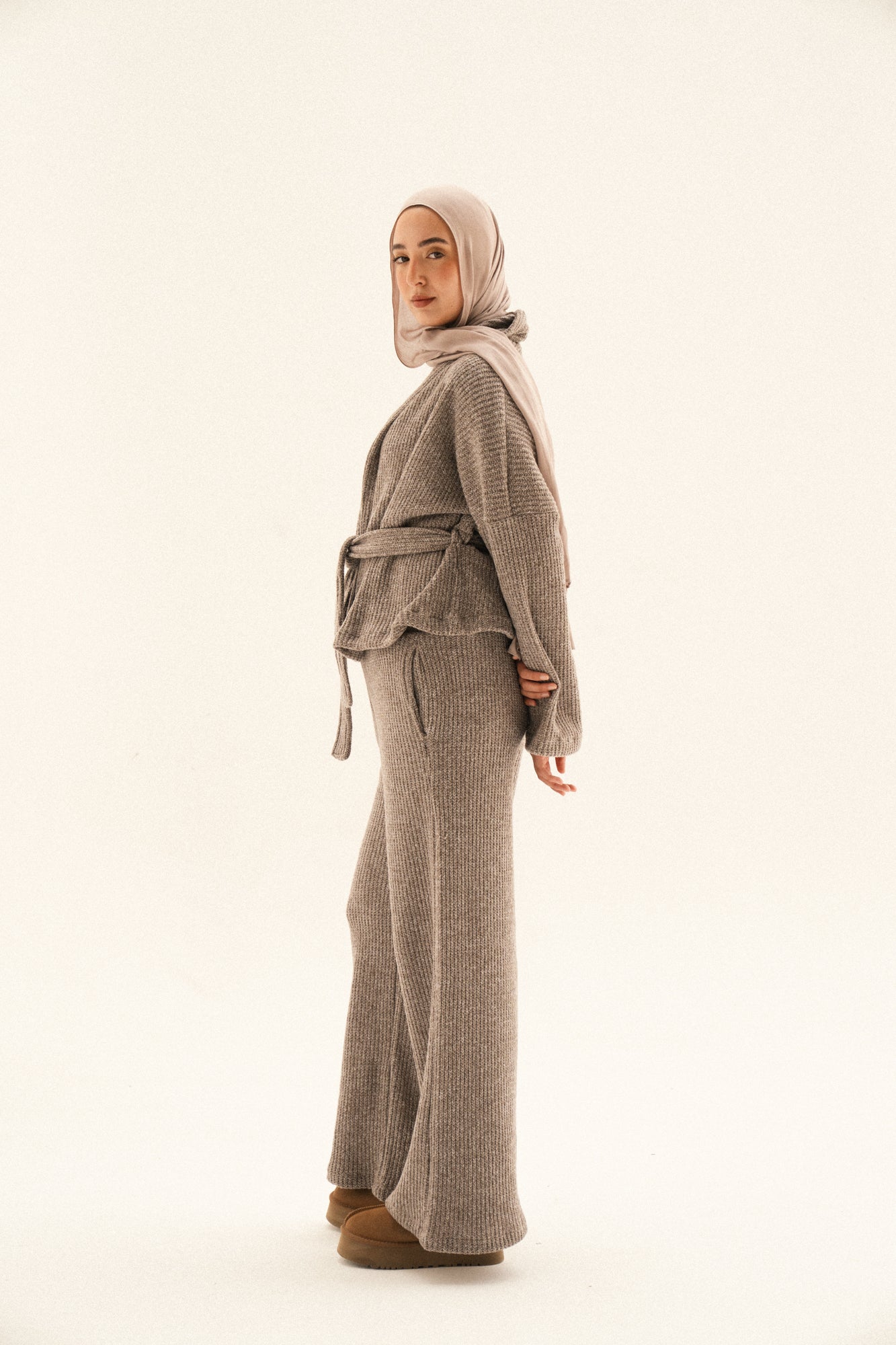 Short Kimono Knitted Set In Dark-cafe