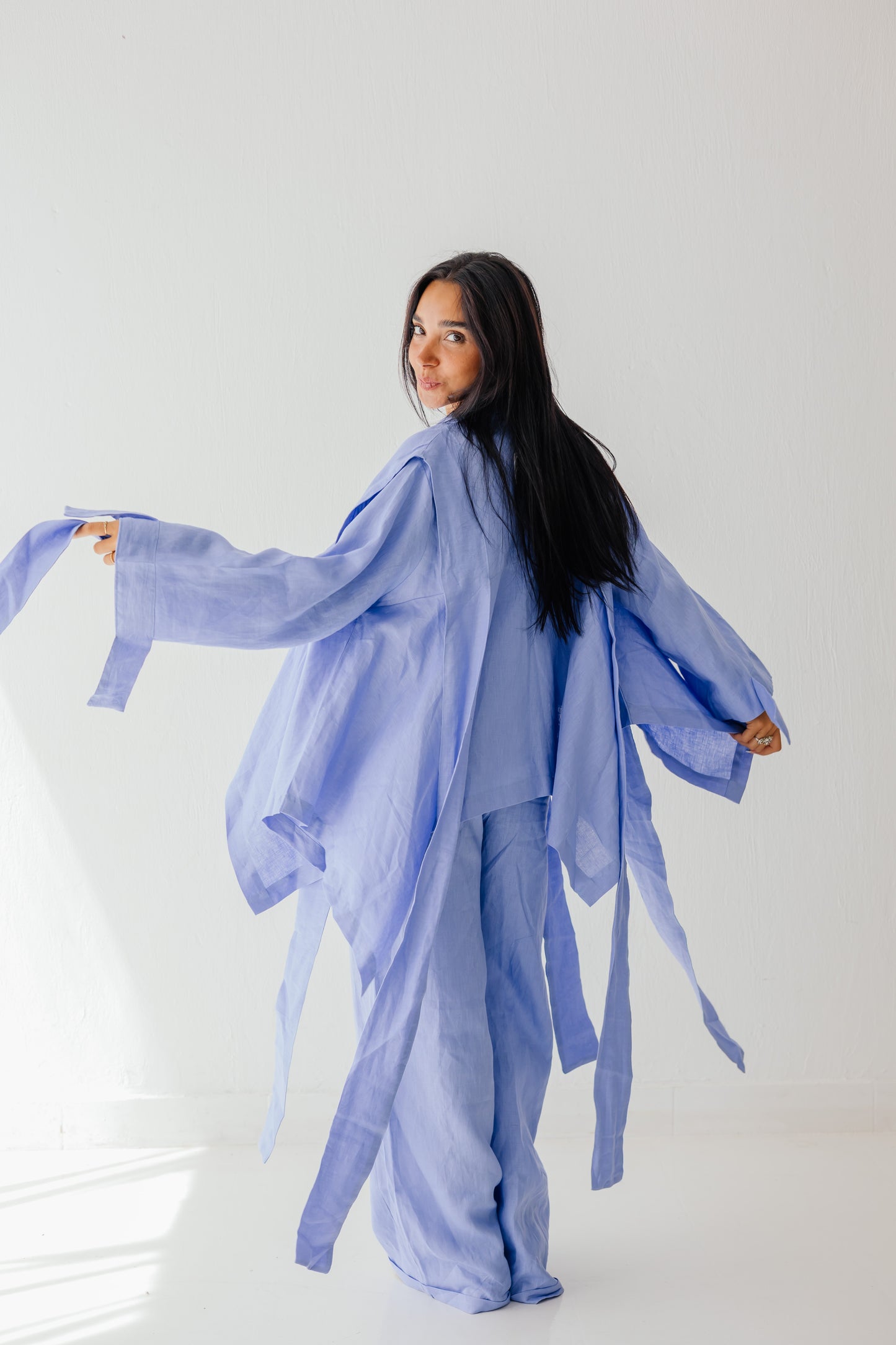 Short Double Collar Kimono Blue